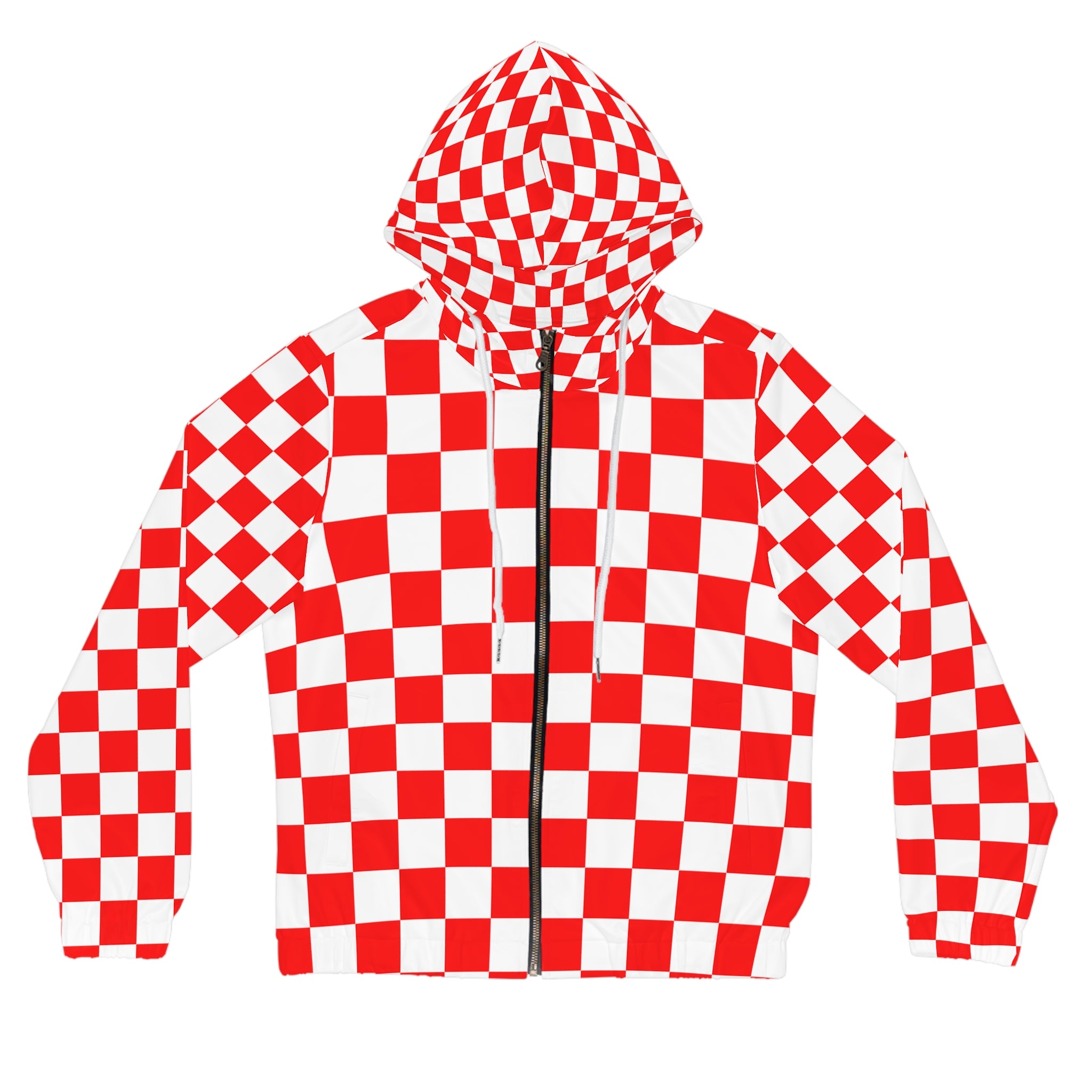 Checkerboard Red and White Women’s Full-Zip Hoodie (AOP), Artsulli - Art is Long, Life is Short, All Over Prints, Size, XS, Color, White, , , 12370171533118547551