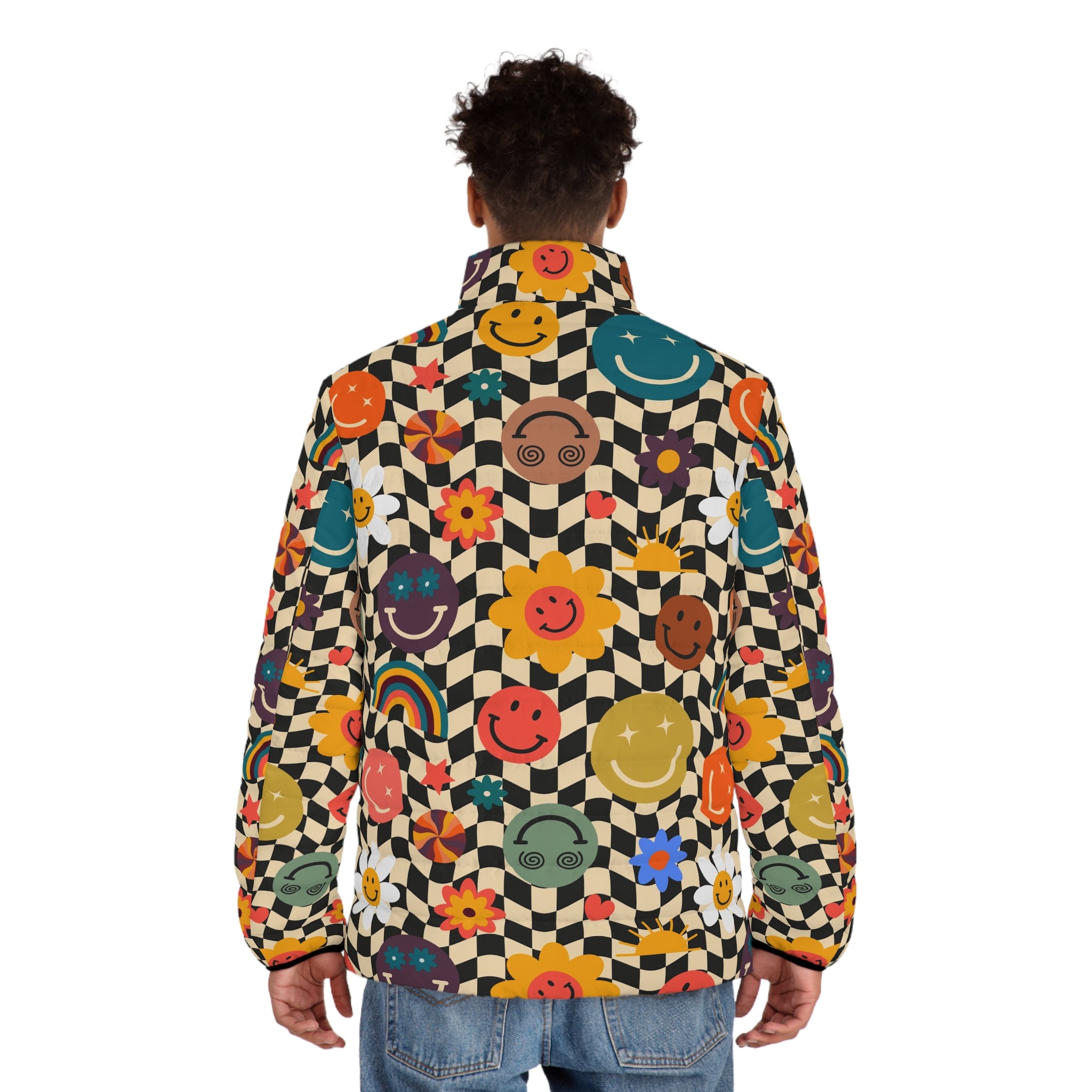 Trippy x Wavy Checkerboard x Smiley Face x Rainbow x Flowers Multi-Color Men's Puffer Jacket (AOP), Artsulli - Art is Long, Life is Short, All Over Prints, , , , , , , 