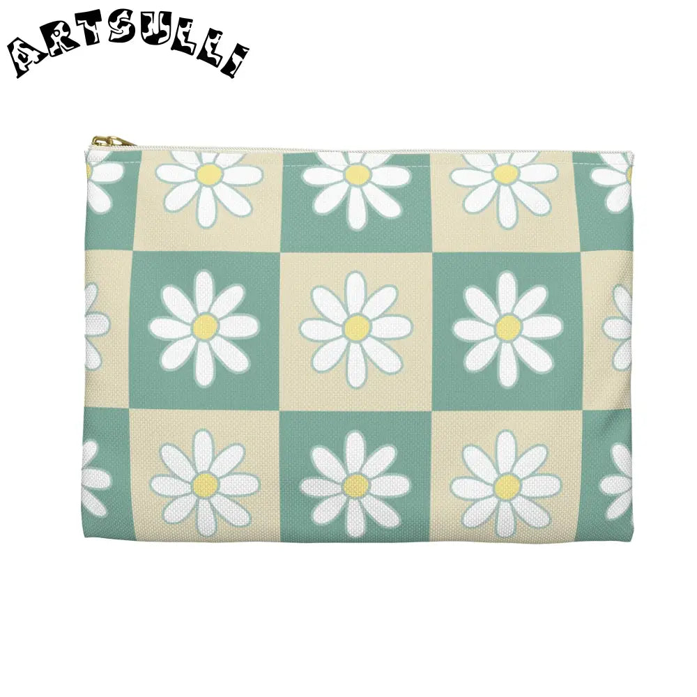 JAKKOUTTHEBXX Retro Daisy Checkerboard Green and Tan Accessory Pouch