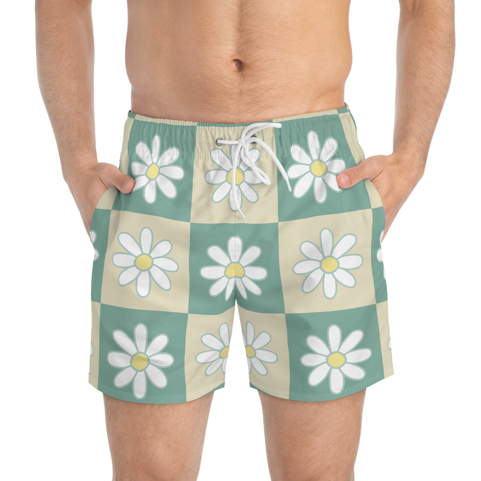 Retro Daisy Checkerboard Green and Tan Swim Trunks (AOP), Artsulli - Art is Long, Life is Short, All Over Prints, , , , , , , 
