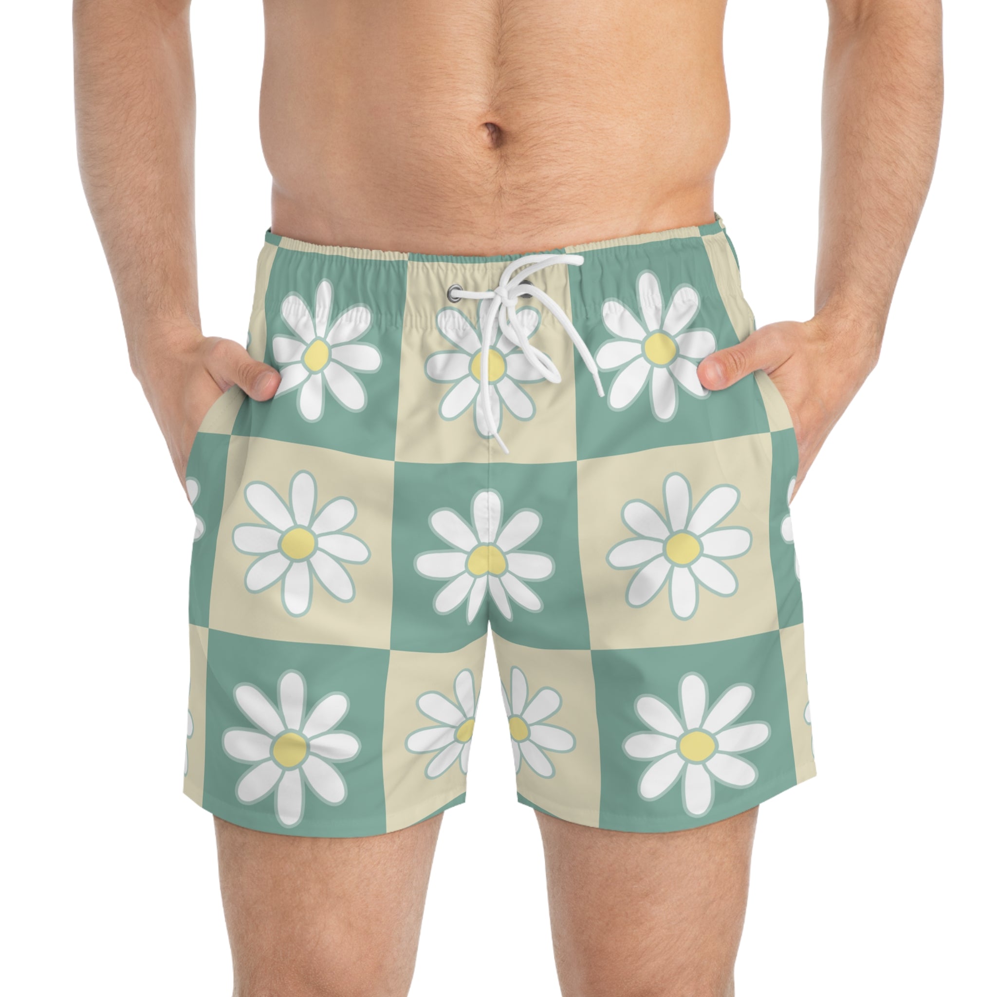 Retro Daisy Checkerboard Green and Tan Swim Trunks (AOP), Artsulli - Art is Long, Life is Short, All Over Prints, , , , , , , 