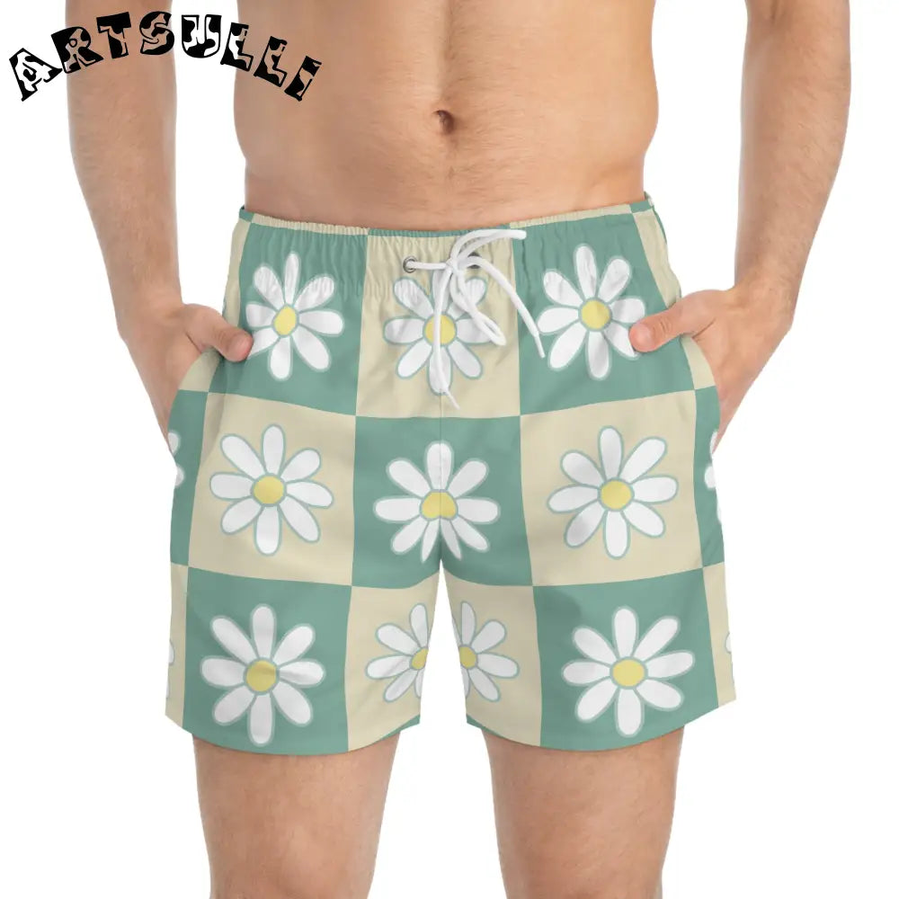 JAKKOUTTHEBXX Retro Daisy Checkerboard Green and Tan Swim Trunks