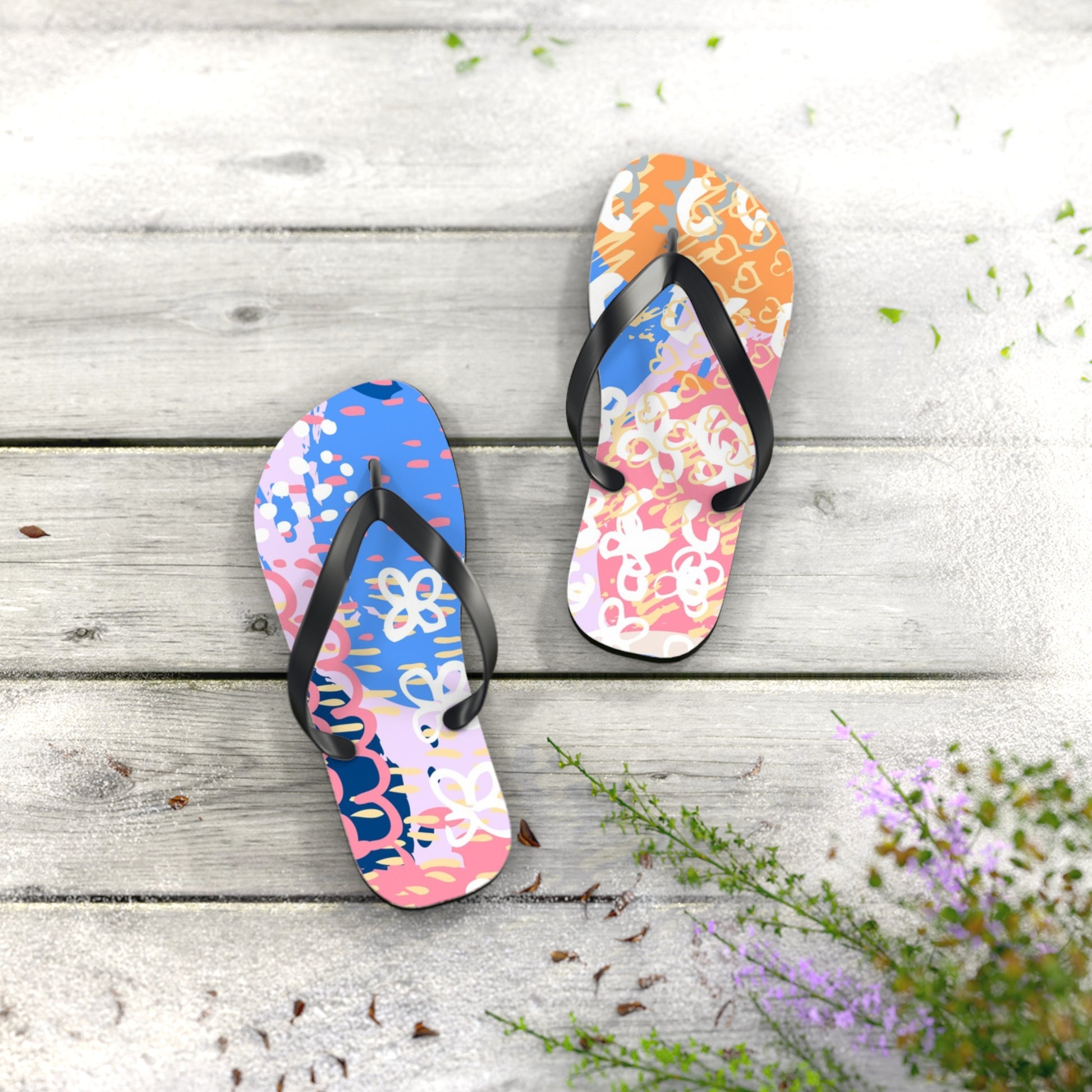 Flowers x Doodles x Hearts Multi-Color Flip Flops, Artsulli - Art is Long, Life is Short, Shoes, , , , , , , 