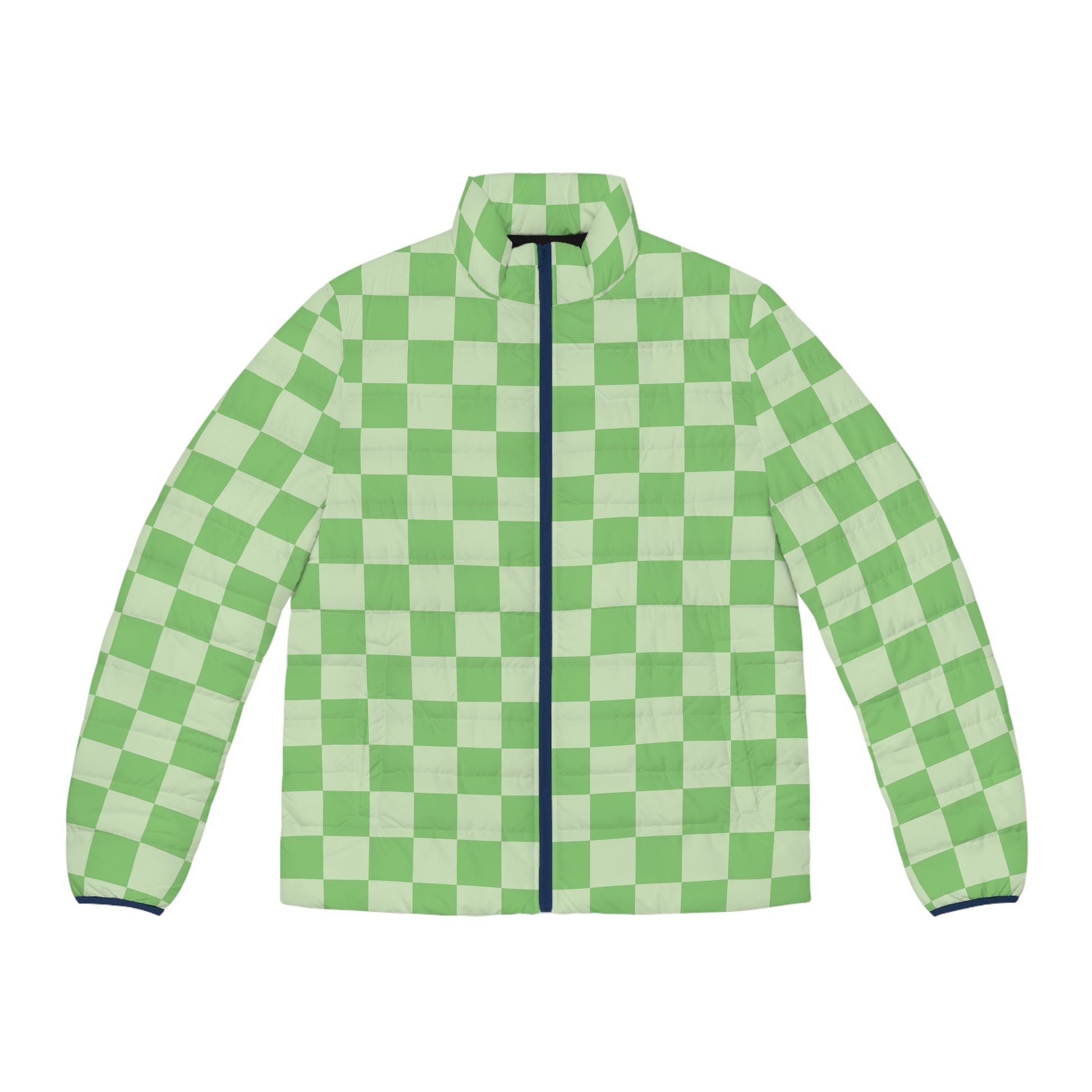 Checkerboard Green Men's Puffer Jacket (AOP), Artsulli - Art is Long, Life is Short, All Over Prints, Size, S, Color, Dark blue zipper, , , 21273564188072333310