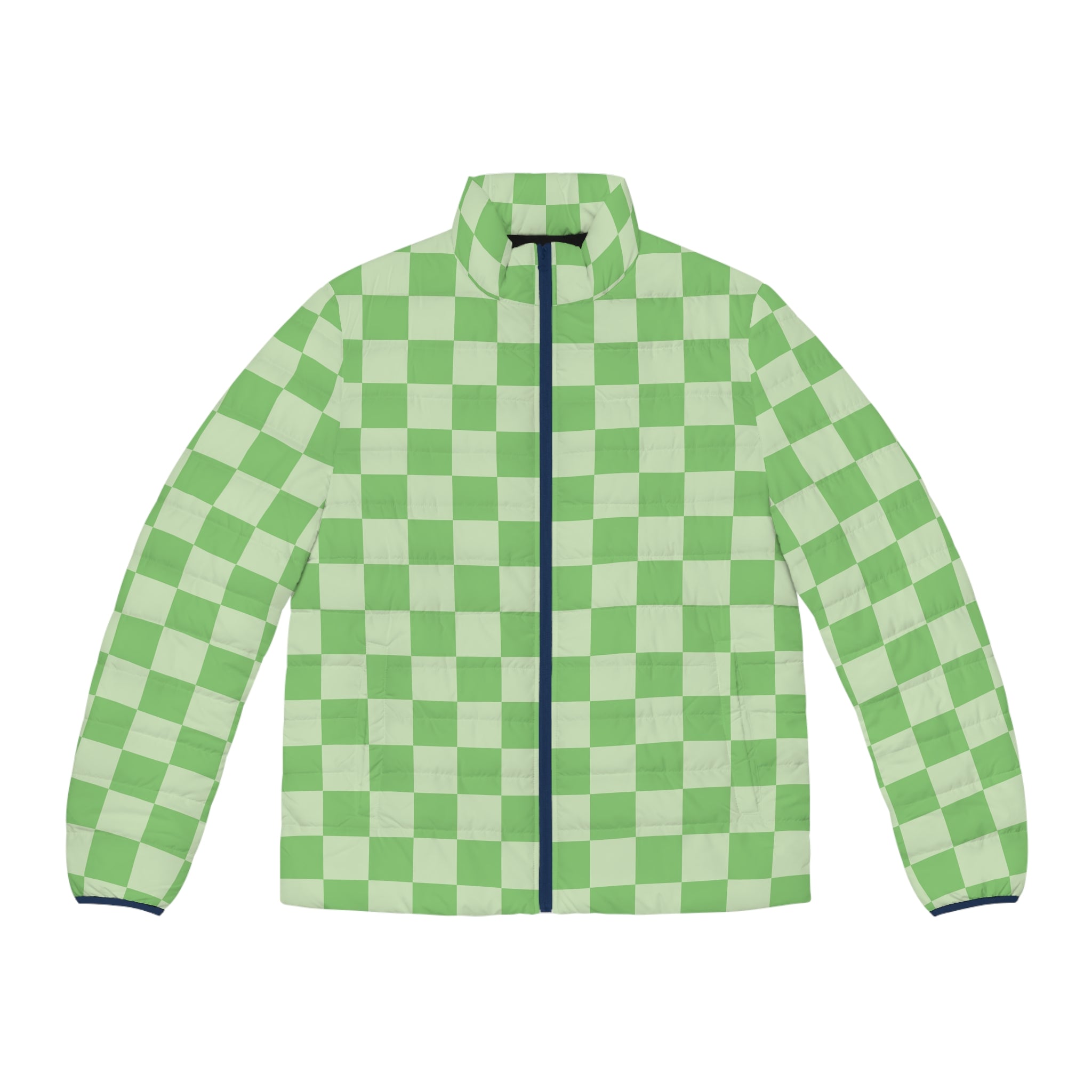 Checkerboard Green Men's Puffer Jacket (AOP), Artsulli - Art is Long, Life is Short, All Over Prints, Size, S, Color, Dark blue zipper, , , 21273564188072333310