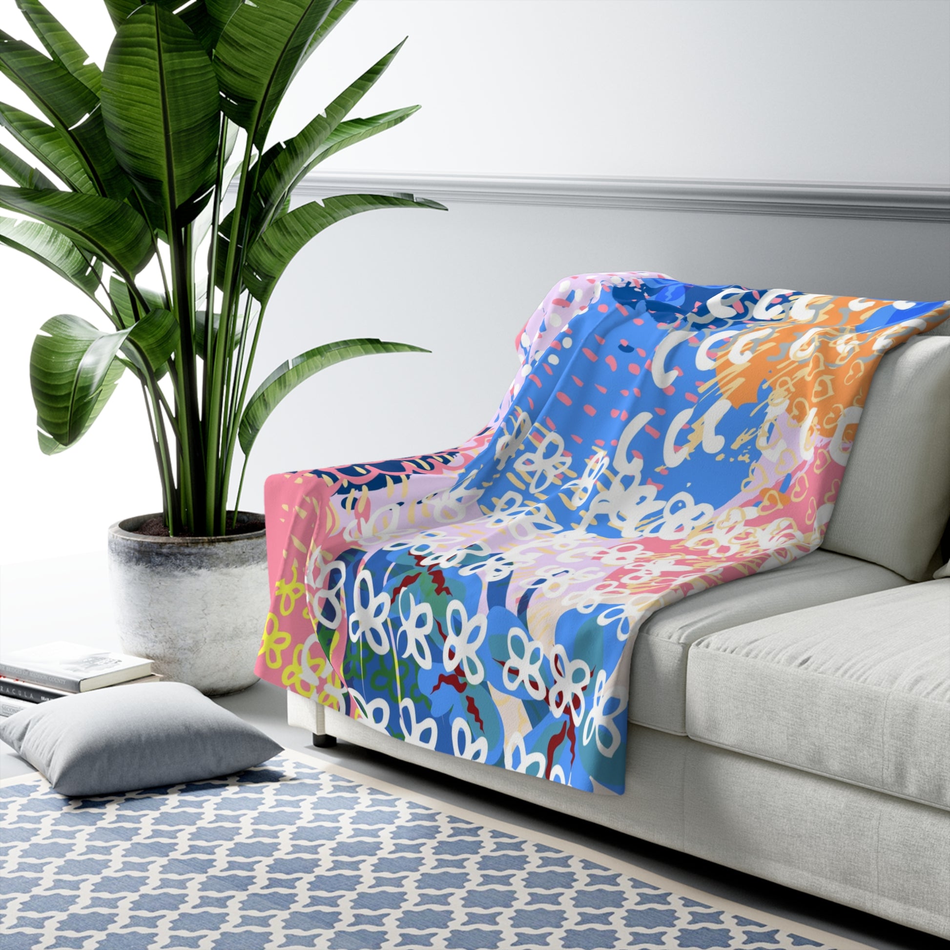 Flowers x Doodles x Hearts Multi-Color Sherpa Fleece Blanket, Artsulli - Art is Long, Life is Short, Home Decor, , , , , , , 