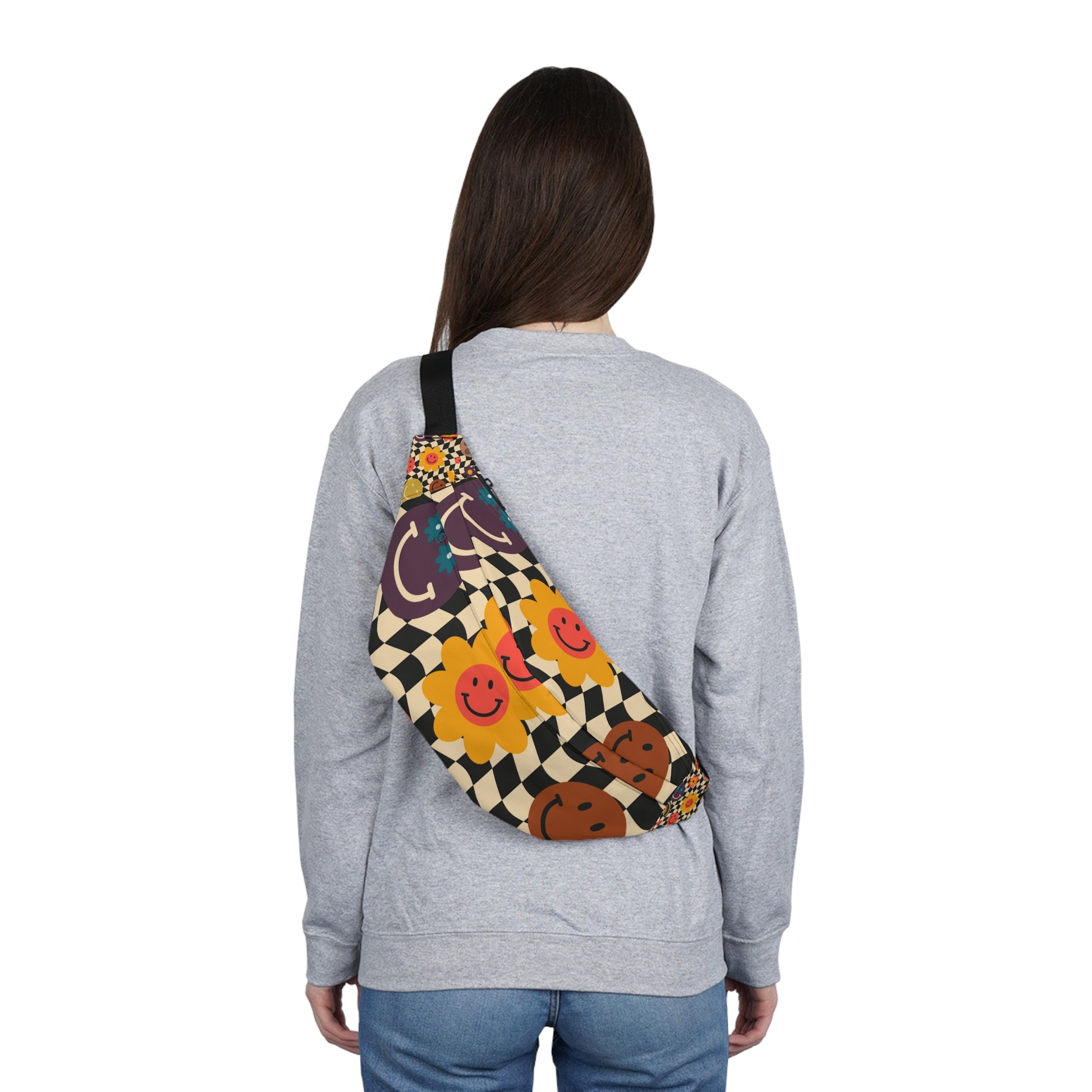 Trippy x Wavy Checkerboard x Smiley Face x Rainbow x Flowers Multi-Color Large Fanny Pack, Artsulli - Art is Long, Life is Short, Bags, , , , , , , 