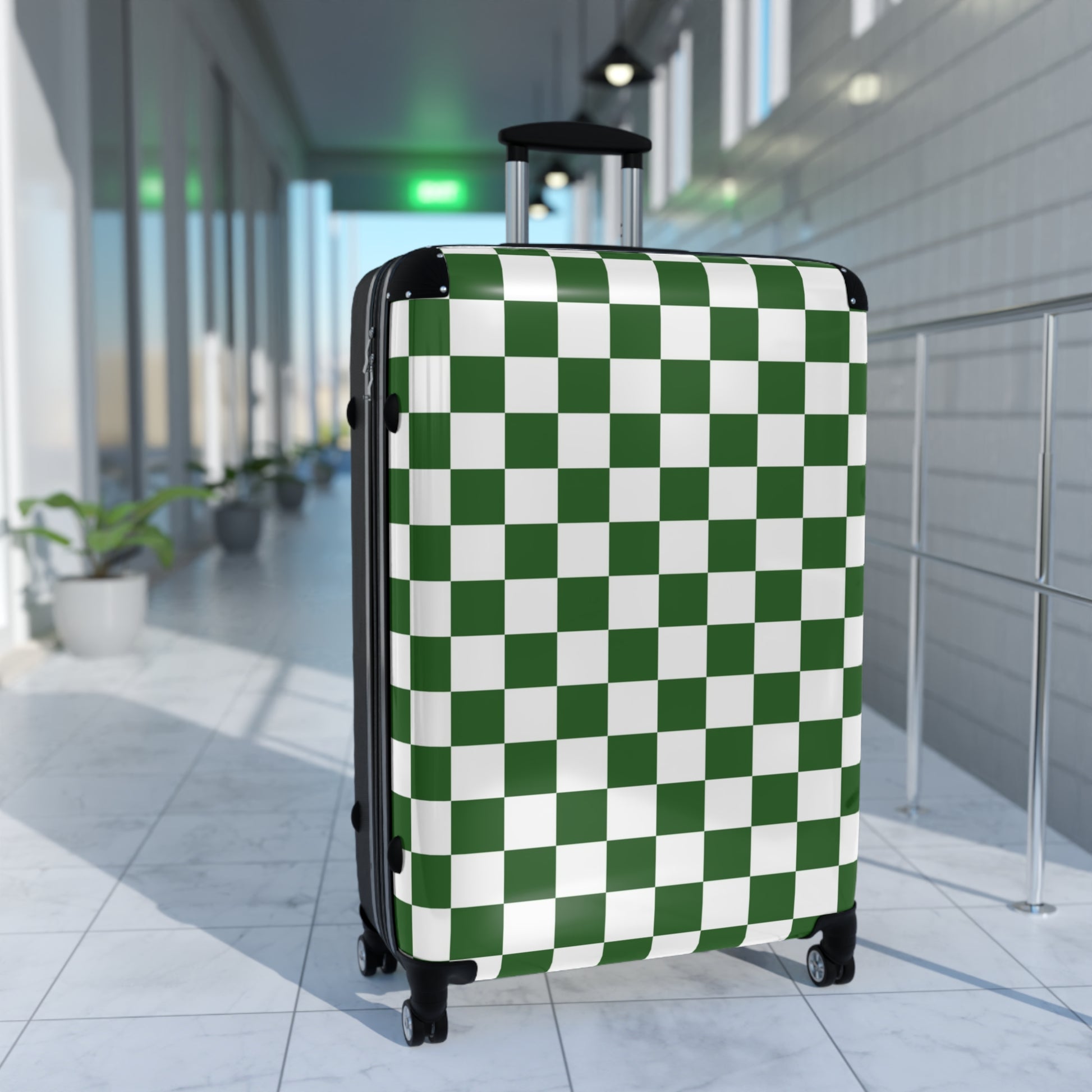 Checkerboard White and Dark Green Suitcase, Artsulli - Art is Long, Life is Short, Bags, , , , , , , 