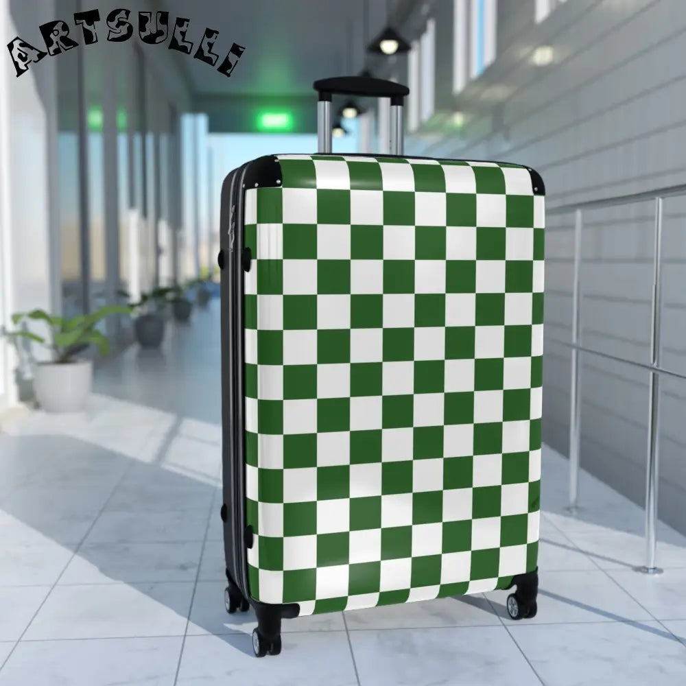 JAKKOUTTHEBXX Checkerboard White and Dark Green Suitcase