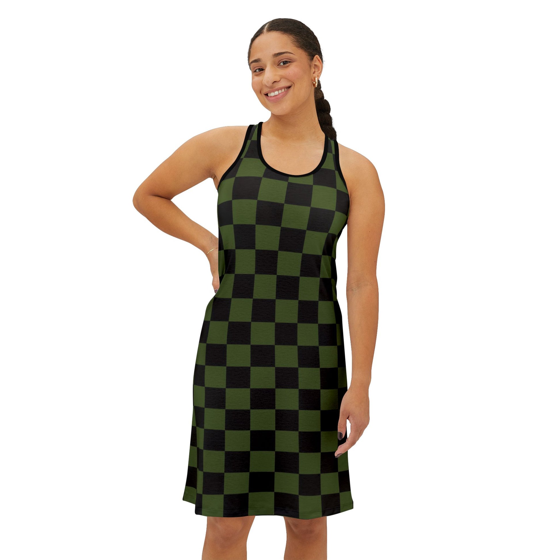 Checkerboard Olive Green and Black Women's Racerback Dress (AOP), Artsulli - Art is Long, Life is Short, Tank Top, , , , , , , 
