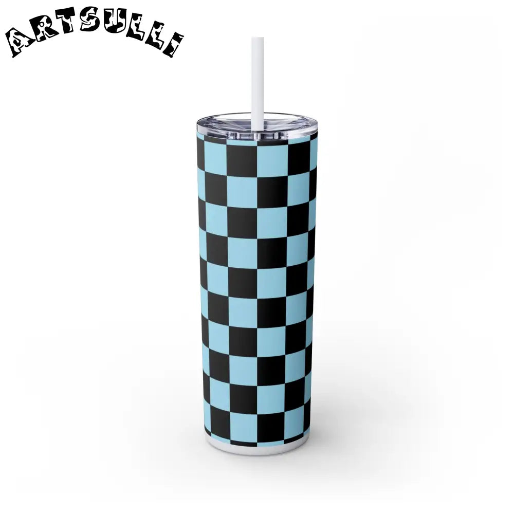 JAKKOUTTHEBXX Checkerboard Black and Blue Skinny Tumbler with Straw