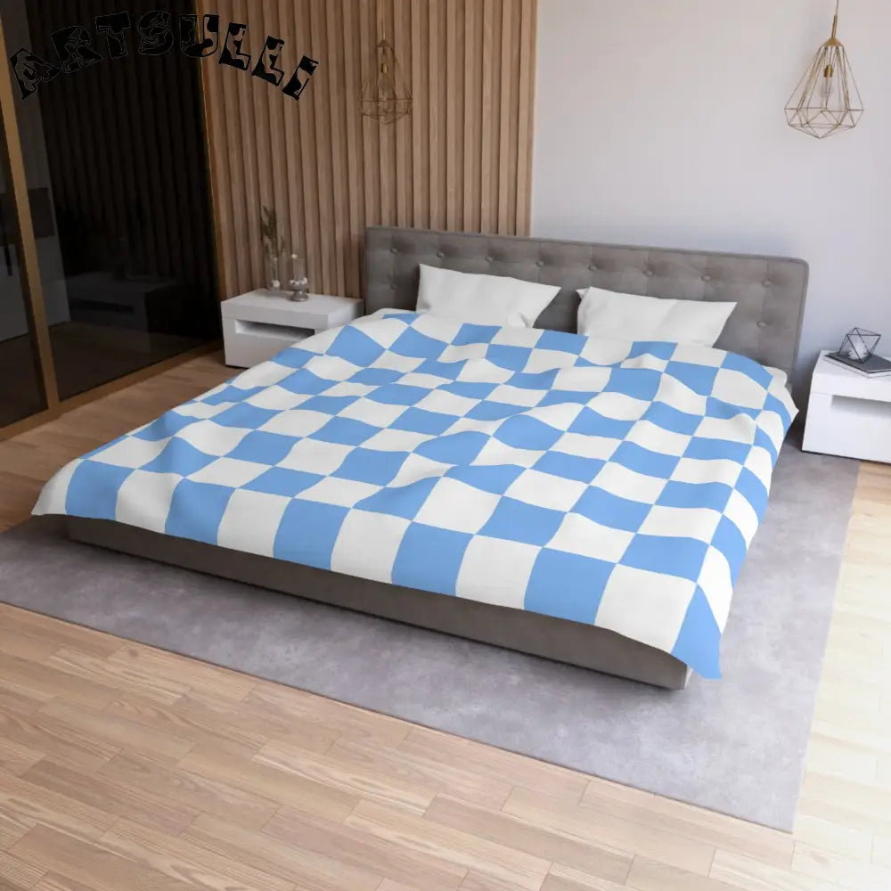 JAKKOUTTHEBXX Checkerboard White and Light Blue Microfiber Duvet