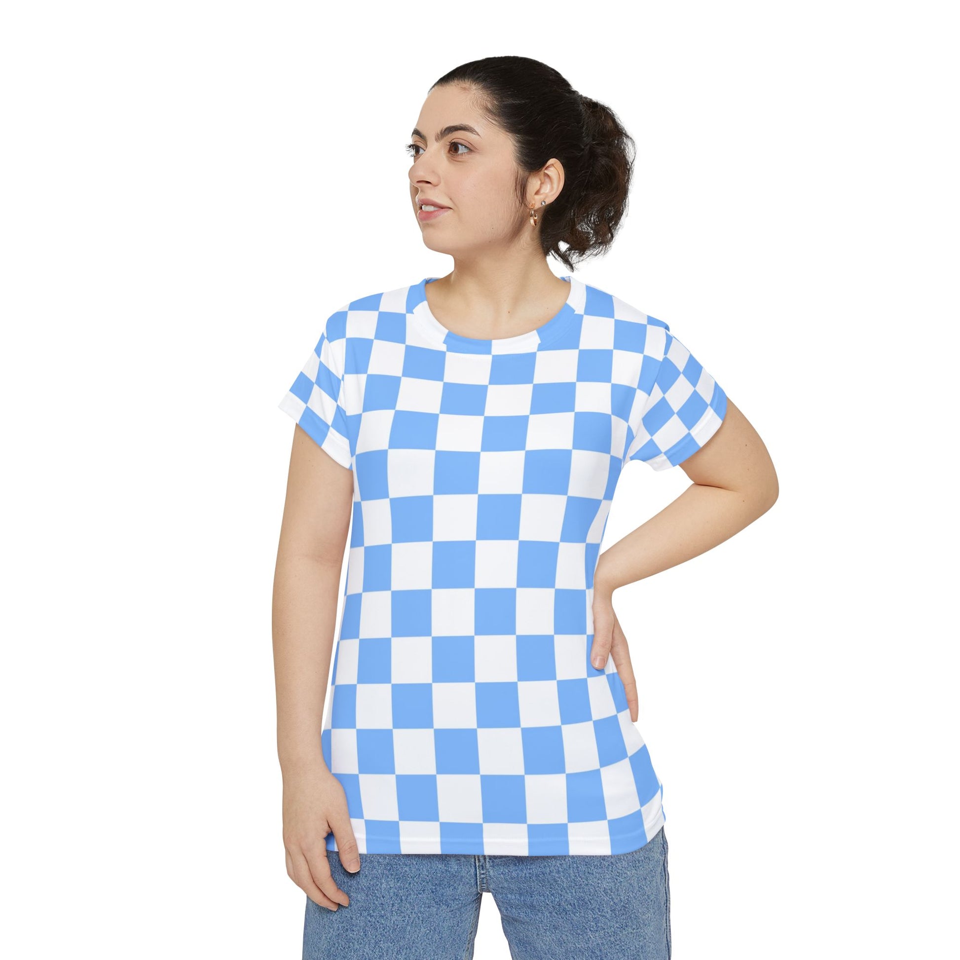 Checkerboard White and Light Blue Women's Short Sleeve Shirt (AOP), Artsulli - Art is Long, Life is Short, All Over Prints, , , , , , , 