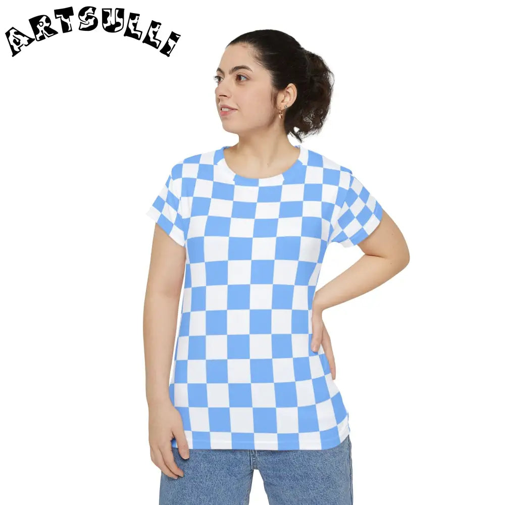 JAKKOUTTHEBXX Checkerboard White and Light Blue Women’s Short Sleeve