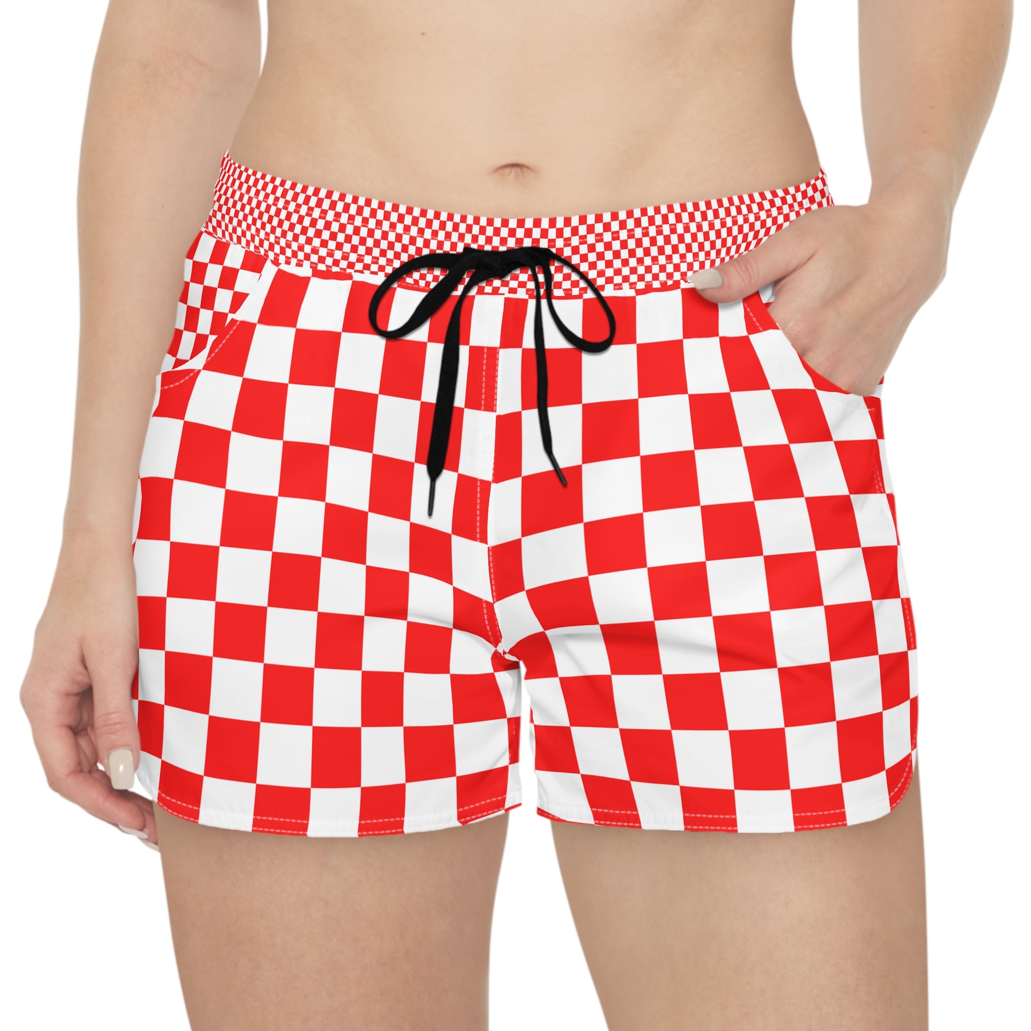Checkerboard Red and White Women's Casual Shorts (AOP), Artsulli - Art is Long, Life is Short, All Over Prints, , , , , , , 