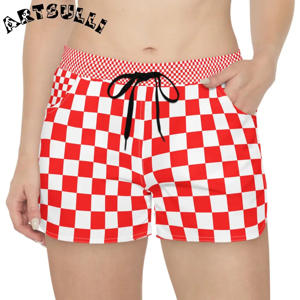 JAKKOUTTHEBXX Checkerboard Red and White Women’s Casual Shorts (AOP)
