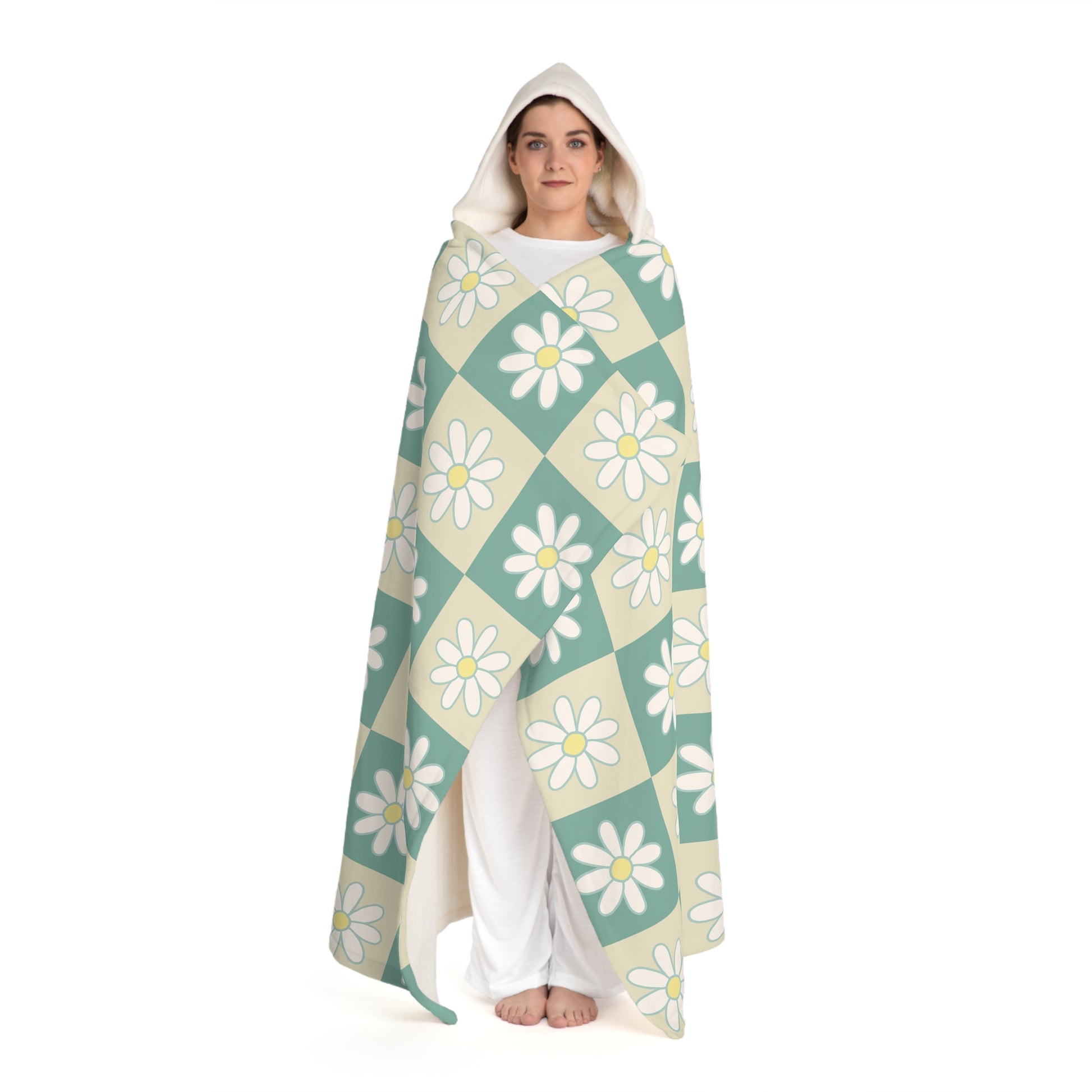 Retro Daisy Checkerboard Green and Tan Hooded Sherpa Fleece Blanket, Artsulli - Art is Long, Life is Short, All Over Prints, , , , , , , 