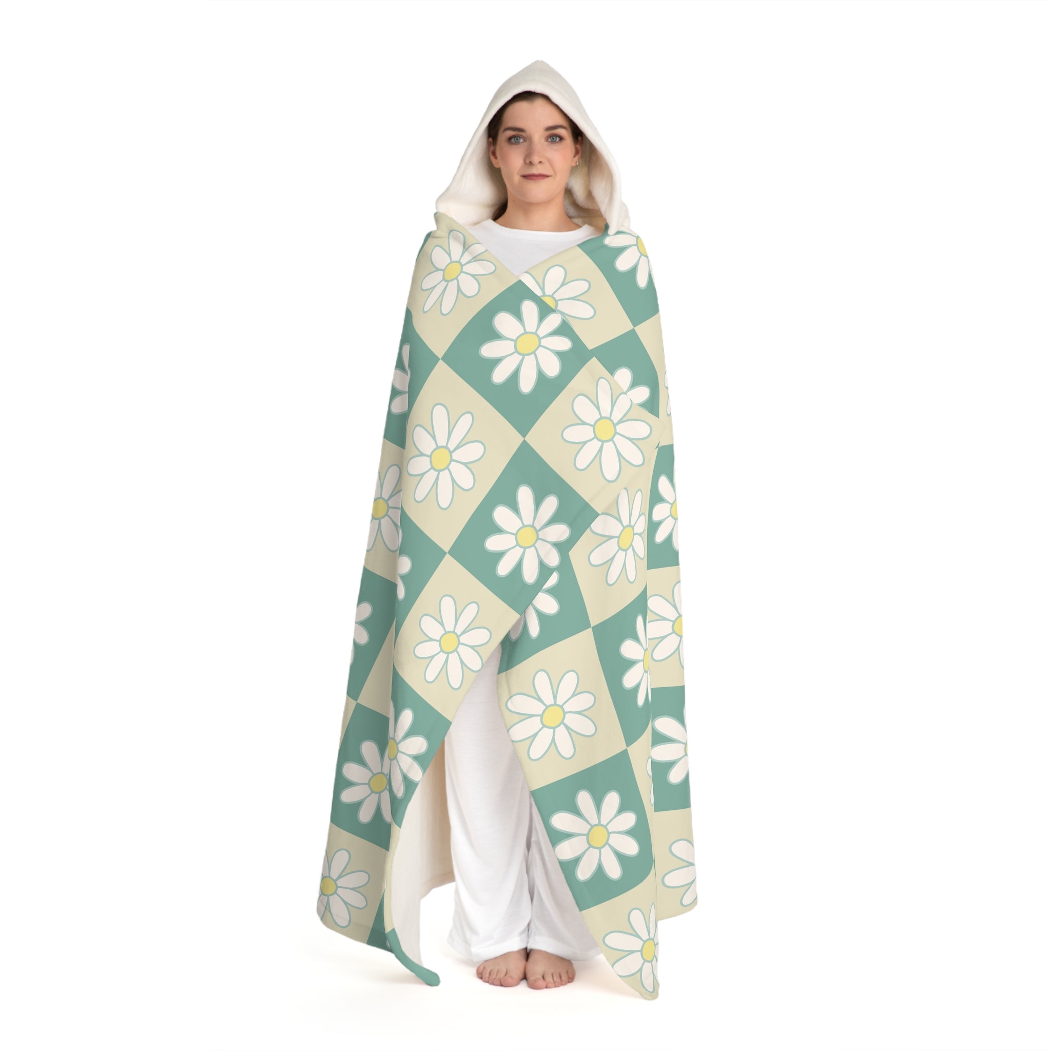Retro Daisy Checkerboard Green and Tan Hooded Sherpa Fleece Blanket, Artsulli - Art is Long, Life is Short, All Over Prints, , , , , , , 