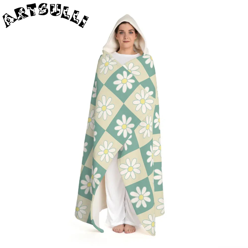JAKKOUTTHEBXX Retro Daisy Checkerboard Green and Tan Hooded Sherpa