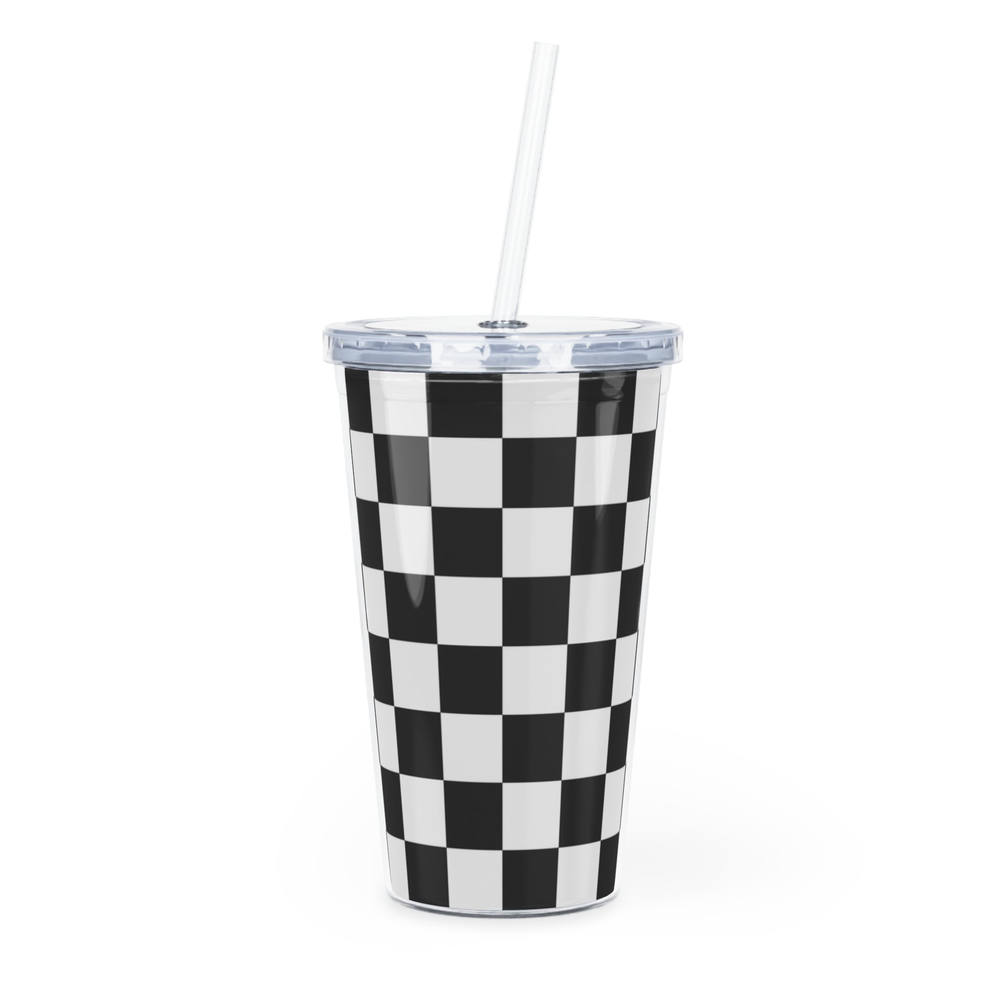 Checkerboard White and Black Plastic Tumbler with Straw, Artsulli - Art is Long, Life is Short, Mug, Size, 20oz, Color, Transparent, , , 11881790191112419857