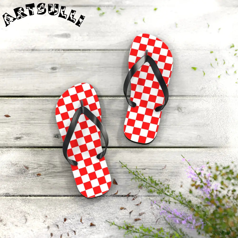 JAKKOUTTHEBXX Checkerboard II Red and White Flip Flops JAKKOUTTHEBXX