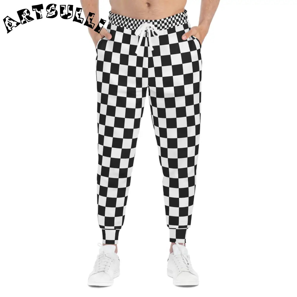 JAKKOUTTHEBXX Checkerboard White and Black Athletic Joggers (AOP)