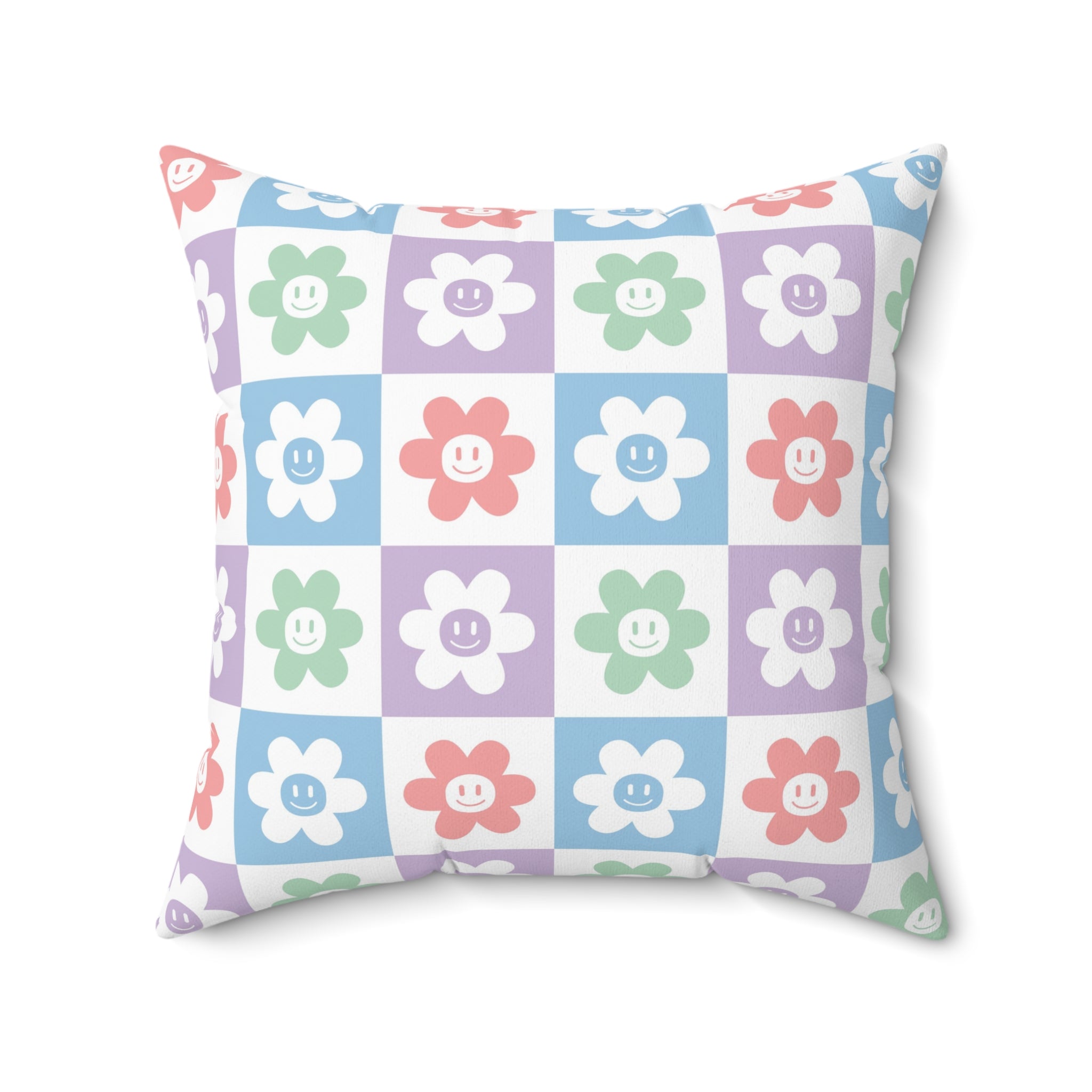 Chessboard x Smiley Face Flowers Multi-Color Spun Polyester Square Pillow, Artsulli - Art is Long, Life is Short, Home Decor, Size, 20" × 20", , , , , 22504617599243976355