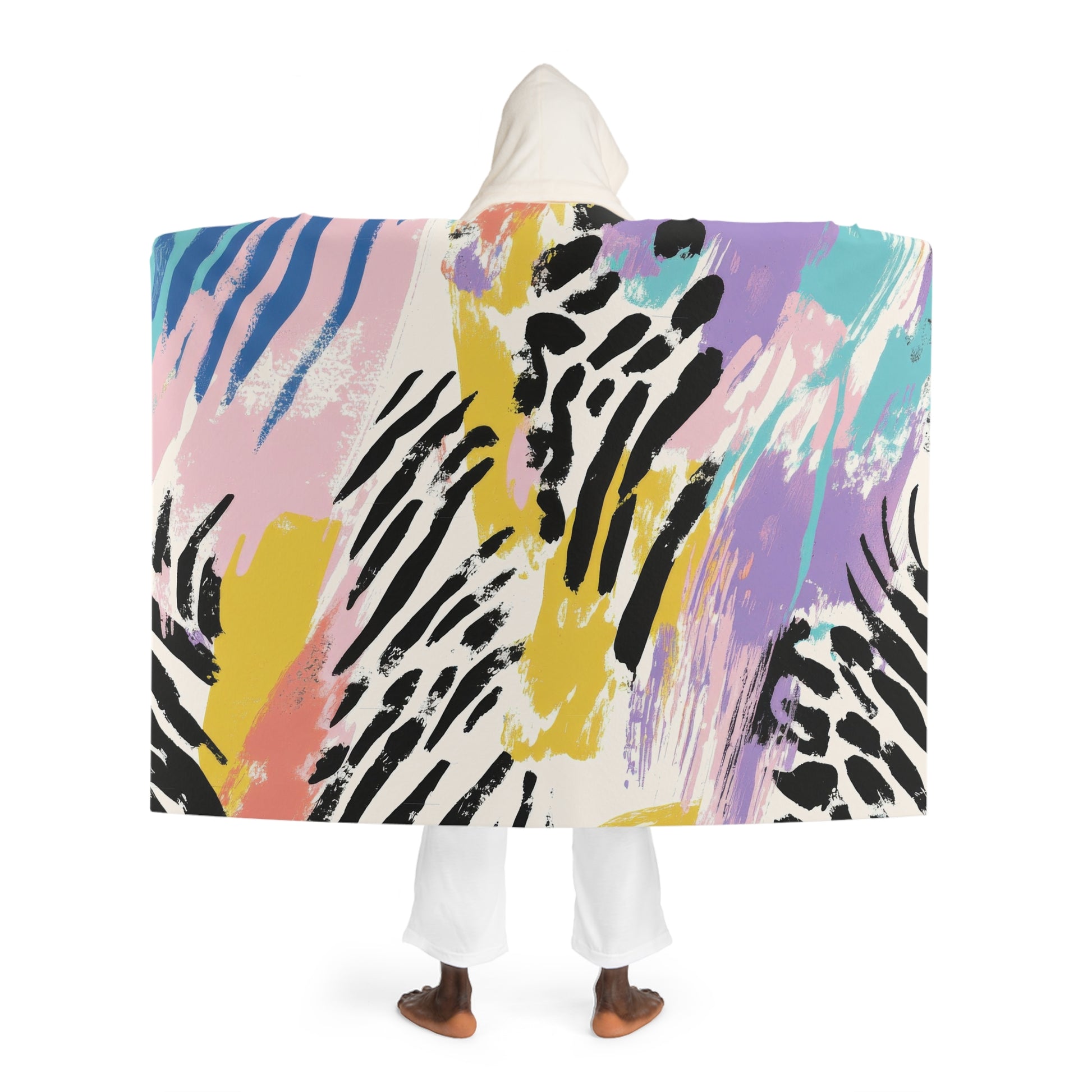Wild Zebra Stripes x Paint Brush Strokes Multi-Color Hooded Sherpa Fleece Blanket, Artsulli - Art is Long, Life is Short, All Over Prints, , , , , , , 