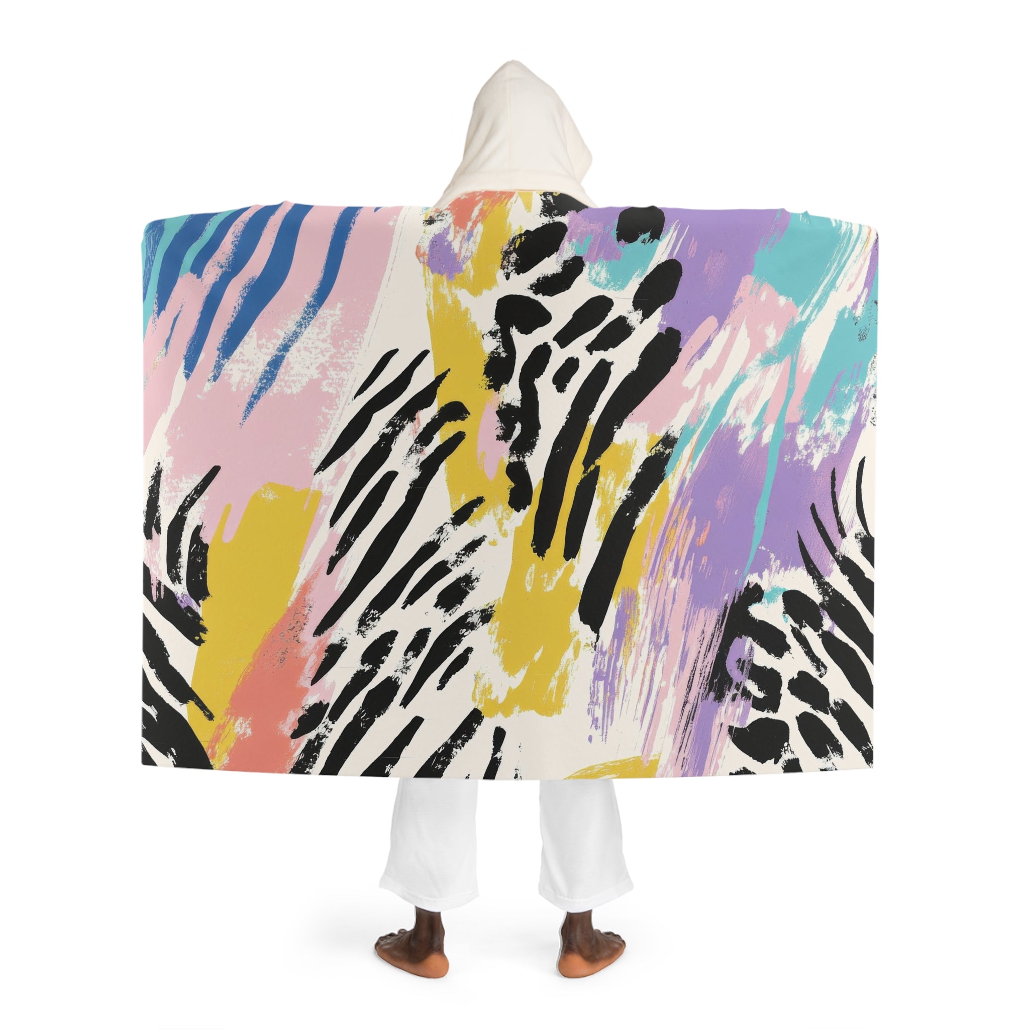 Wild Zebra Stripes x Paint Brush Strokes Multi-Color Hooded Sherpa Fleece Blanket, Artsulli - Art is Long, Life is Short, All Over Prints, , , , , , , 
