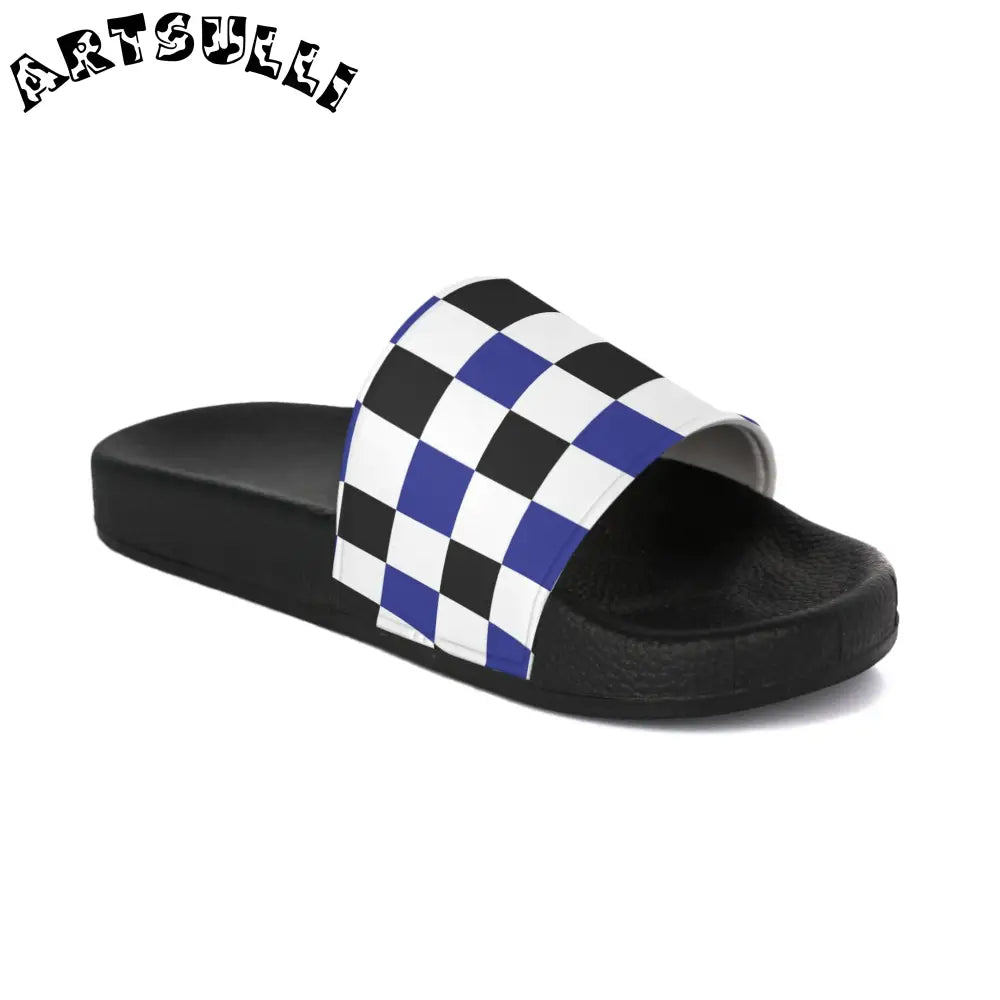 JAKKOUTTHEBXX Checkerboard Blue White and Black Women’s Slide