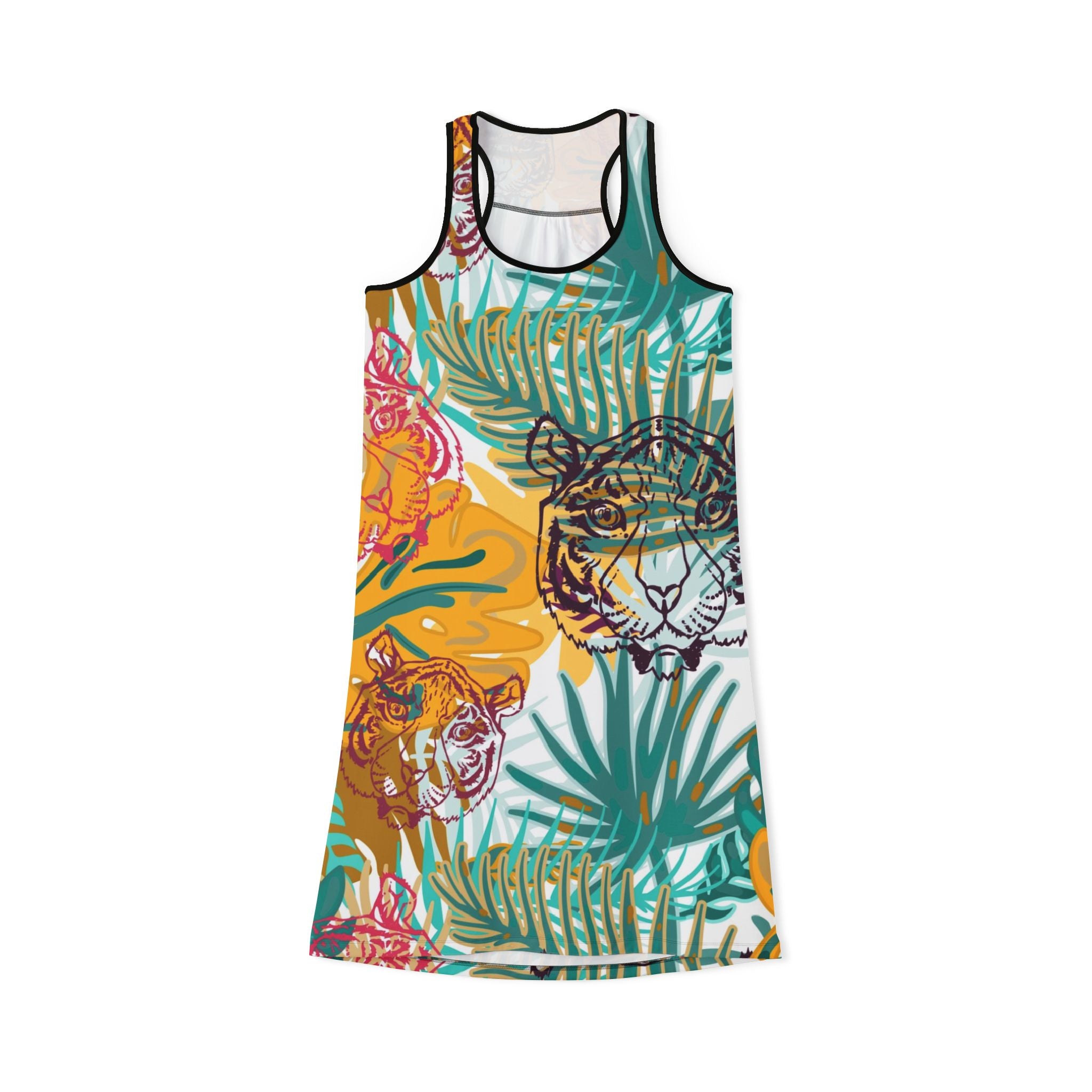 Tropical Jungle Tigers Brown and Green Women's Racerback Dress (AOP), Artsulli - Art is Long, Life is Short, Tank Top, Size, XS, Color, Black, , , 14591010274773