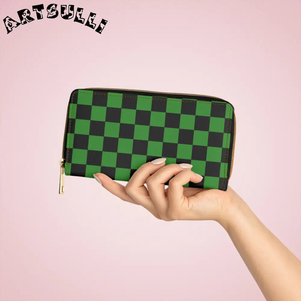 JAKKOUTTHEBXX Checkerboard Green and Black Zipper Wallet