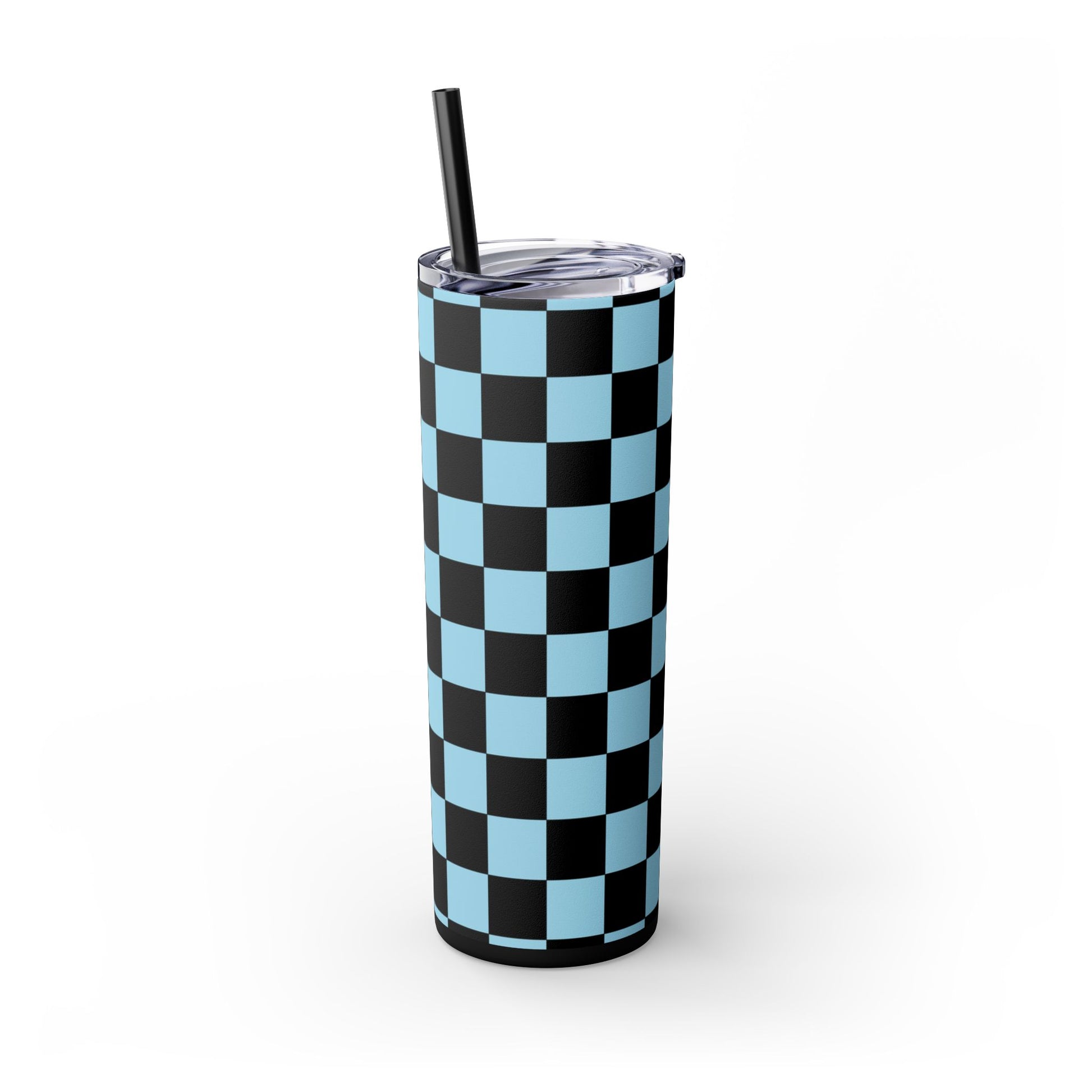 Checkerboard Black and Blue Skinny Tumbler with Straw, 20oz, Artsulli - Art is Long, Life is Short, Mug, , , , , , , 
