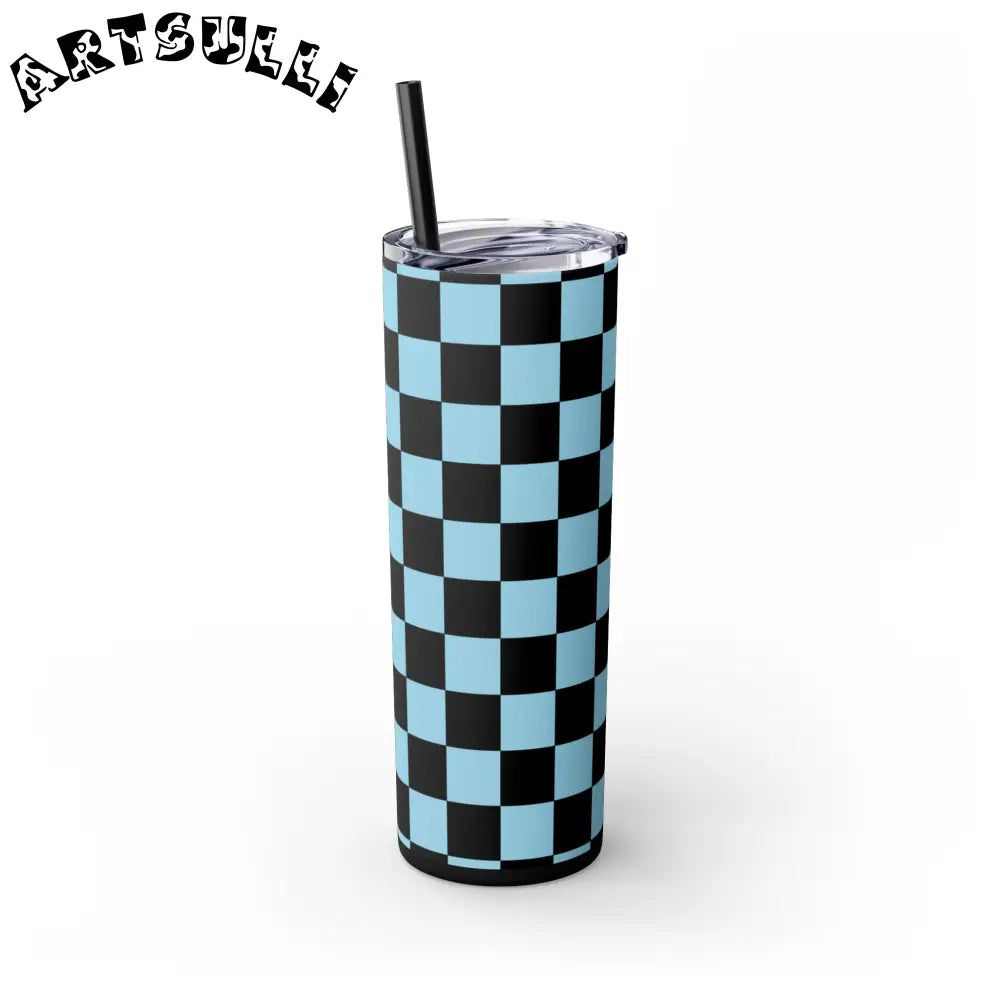 JAKKOUTTHEBXX Checkerboard Black and Blue Skinny Tumbler with Straw