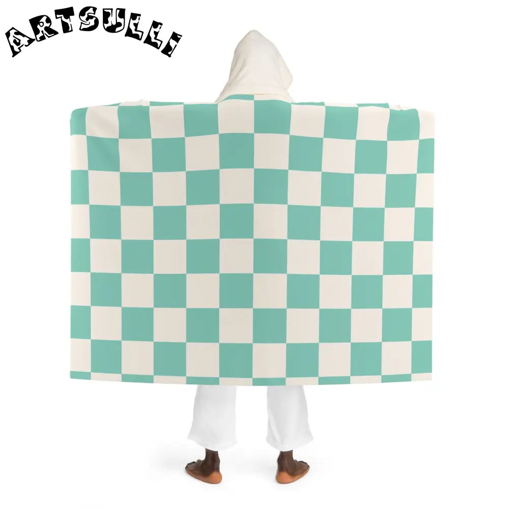 JAKKOUTTHEBXX Checkerboard Light Green Hooded Sherpa Fleece Blanket