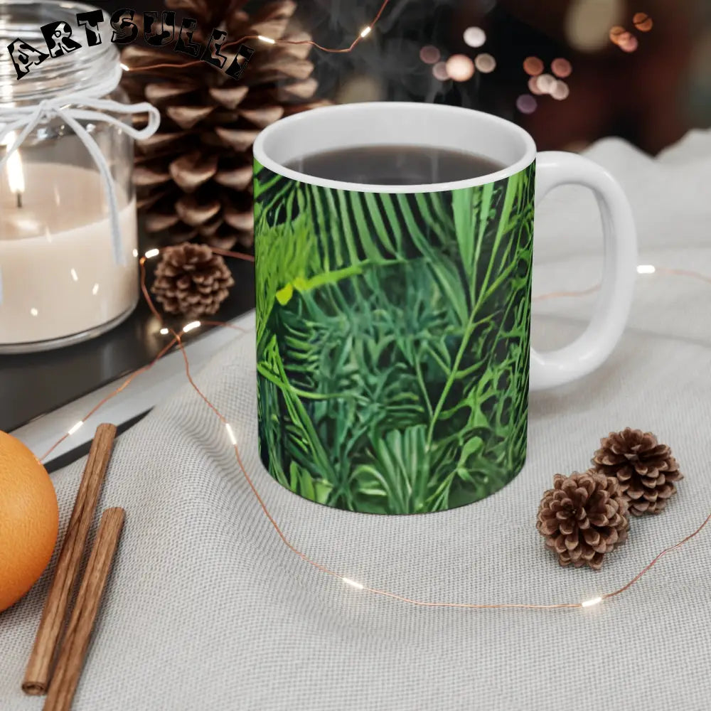 JAKKOUTTHEBXX Vibrant Green and Red Floral Ceramic Mug art work