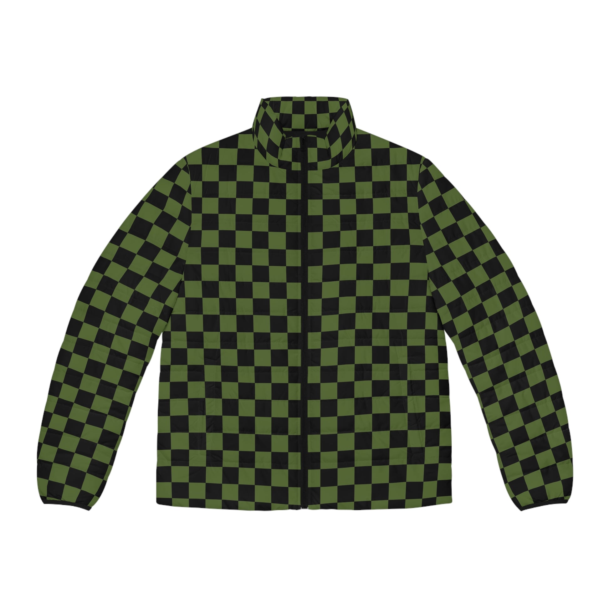 Checkerboard Olive Green and Black Men's Puffer Jacket (AOP), Artsulli - Art is Long, Life is Short, All Over Prints, Size, S, Color, Black zipper, , , 87954253996109320290