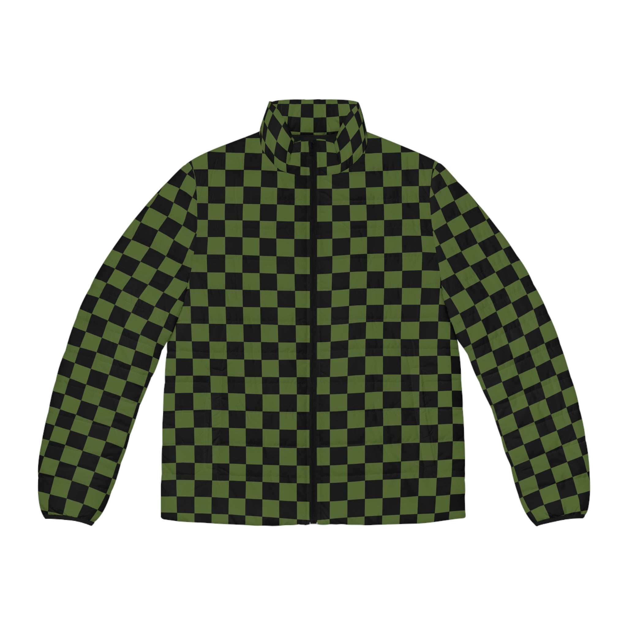 Checkerboard Olive Green and Black Men's Puffer Jacket (AOP), Artsulli - Art is Long, Life is Short, All Over Prints, Size, S, Color, Black zipper, , , 87954253996109320290