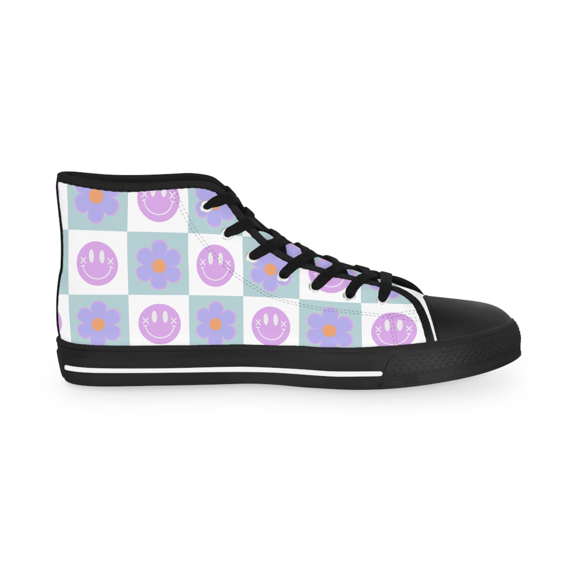 Flower x Smiley Face x Checkerboard Purple Men's High Top Sneakers, Artsulli - Art is Long, Life is Short, Shoes, , , , , , , 