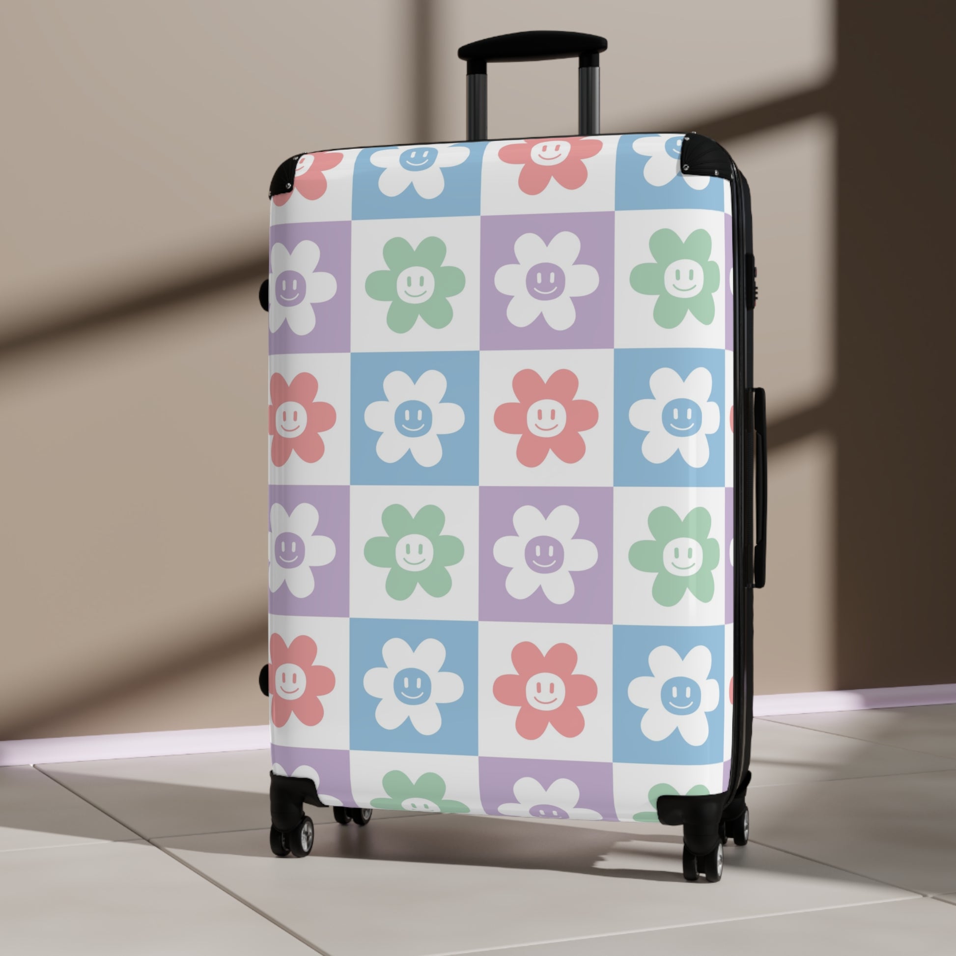 Chessboard x Smiley Face Flowers Multi-Color Suitcase, Artsulli - Art is Long, Life is Short, Bags, , , , , , , 