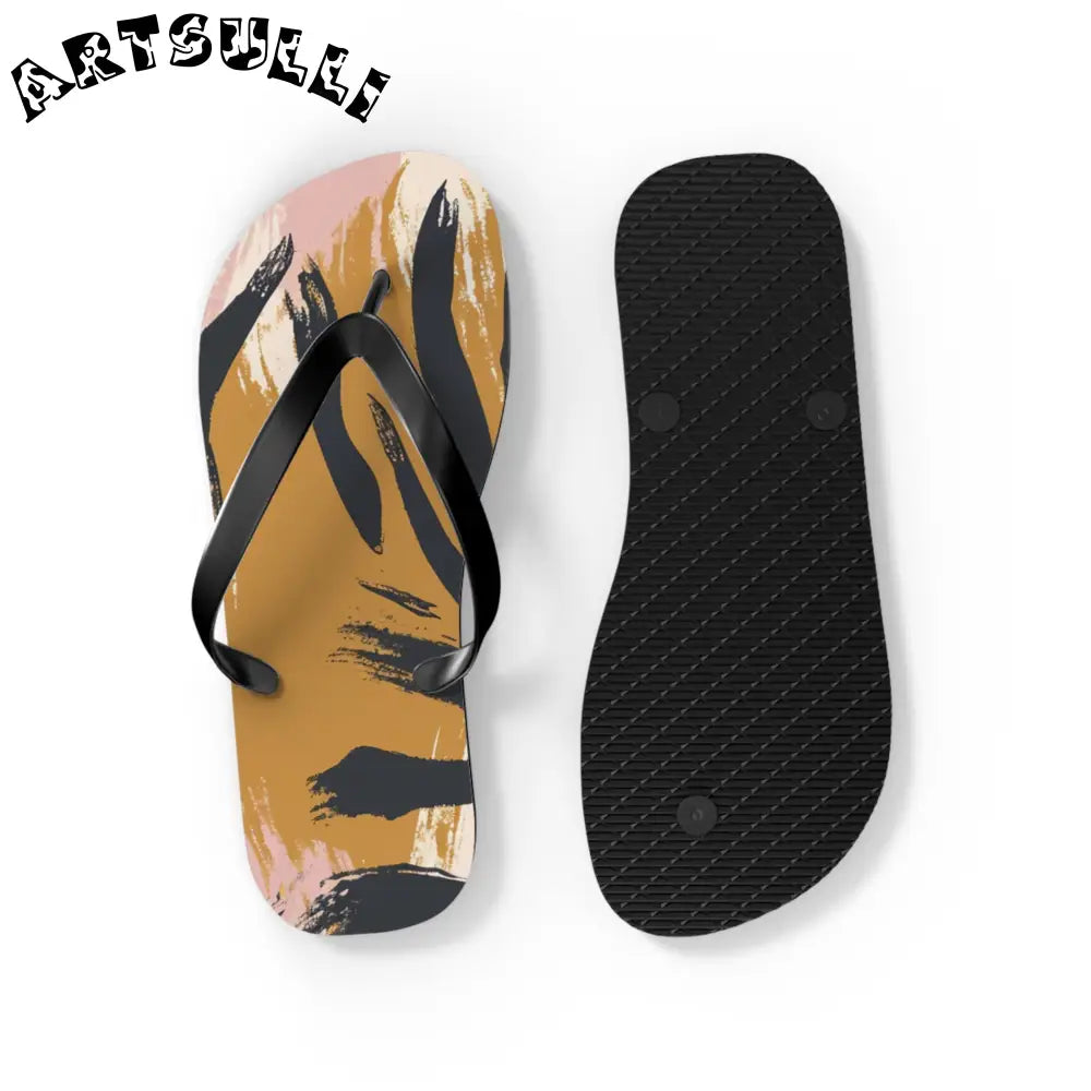 JAKKOUTTHEBXX Abstract zebra print flip flops in two color palettes