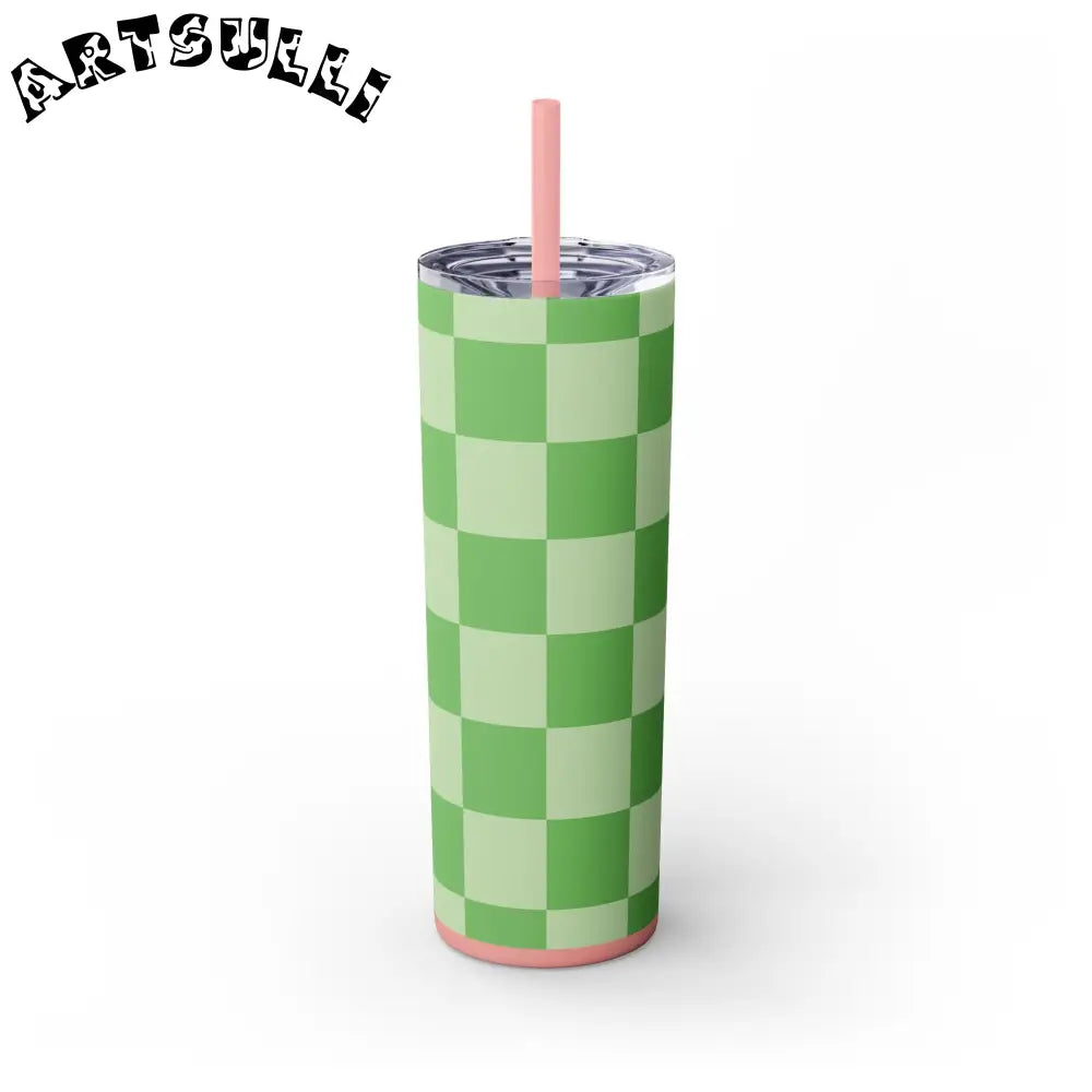 JAKKOUTTHEBXX Checkerboard Green Skinny Tumbler with Straw 20oz