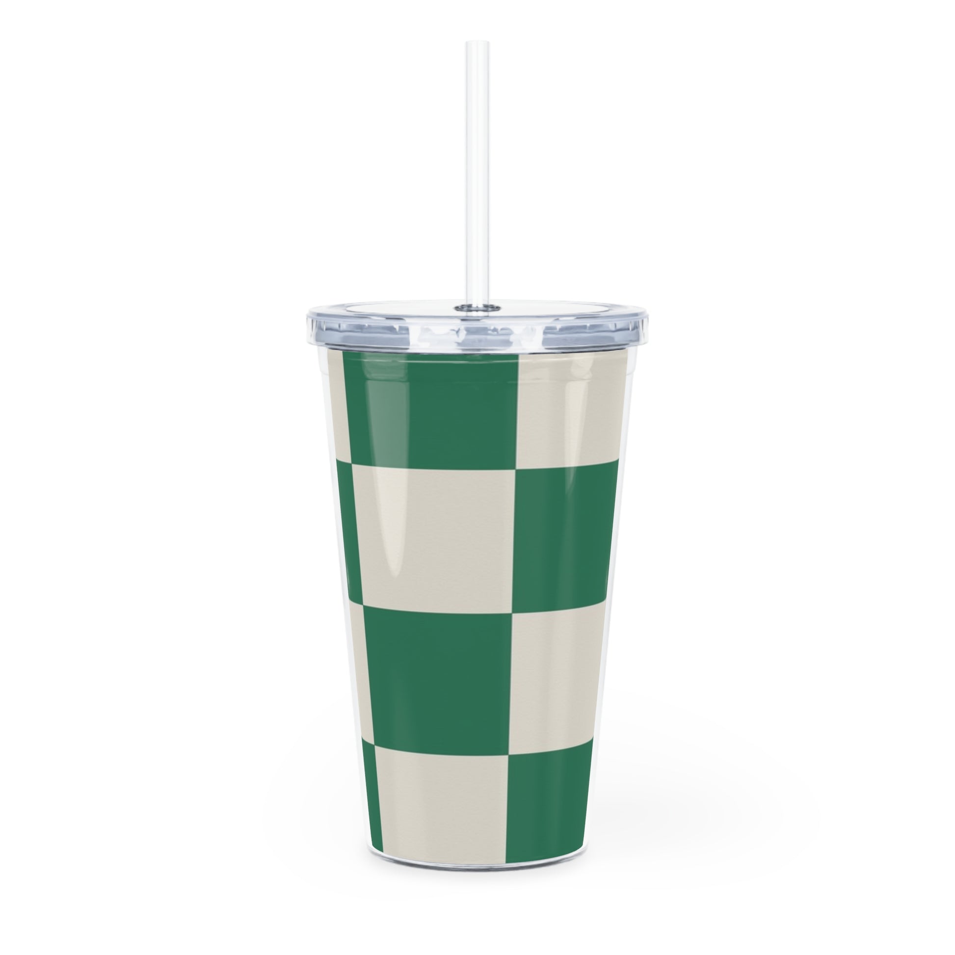 Checkerboard Dark Green Plastic Tumbler with Straw, Artsulli - Art is Long, Life is Short, Mug, , , , , , , 