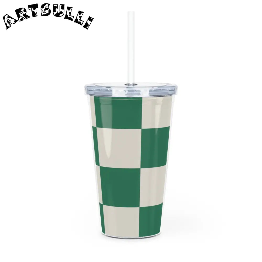JAKKOUTTHEBXX Checkerboard Dark Green Plastic Tumbler with Straw