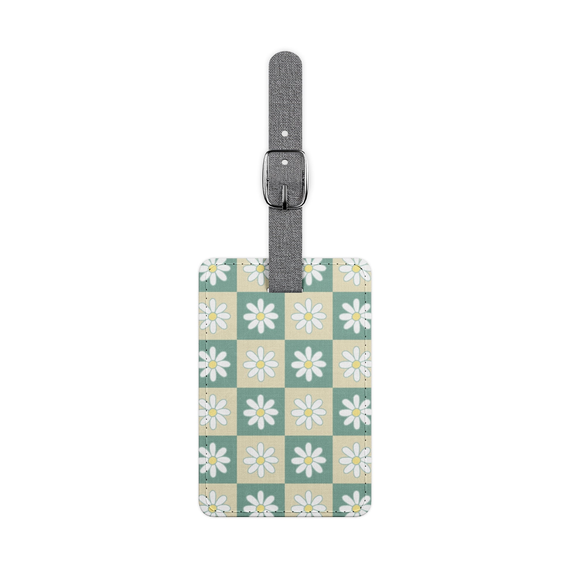 Retro Daisy Checkerboard Green and Tan Saffiano Polyester Luggage Tag, Rectangle, Artsulli - Art is Long, Life is Short, Accessories, Size, One size, Shape, Rectangle, , , 29182811126080441444