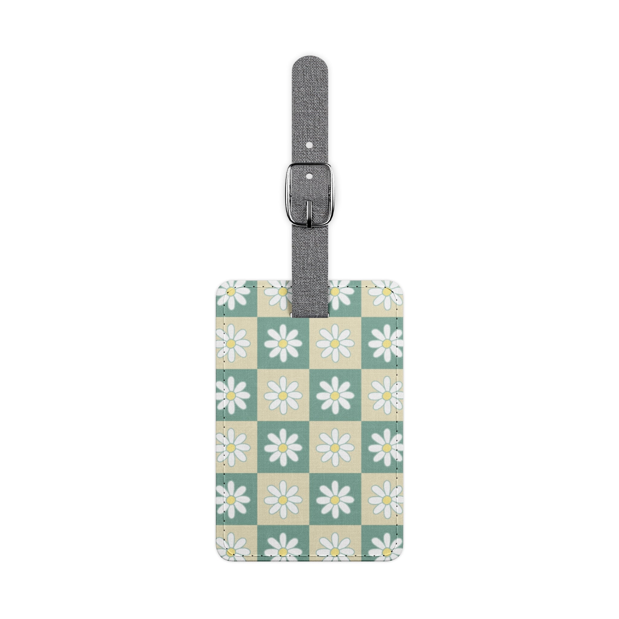 Retro Daisy Checkerboard Green and Tan Saffiano Polyester Luggage Tag, Rectangle, Artsulli - Art is Long, Life is Short, Accessories, Size, One size, Shape, Rectangle, , , 29182811126080441444