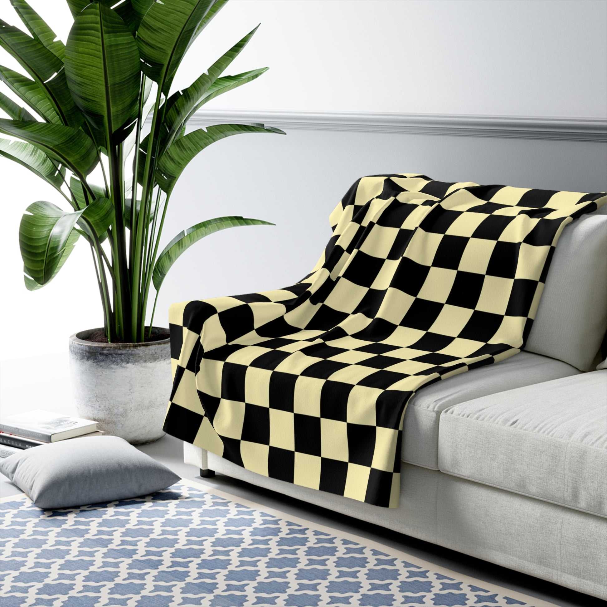 Checkerboard Black and Yellow Sherpa Fleece Blanket, Artsulli - Art is Long, Life is Short, Home Decor, , , , , , , 