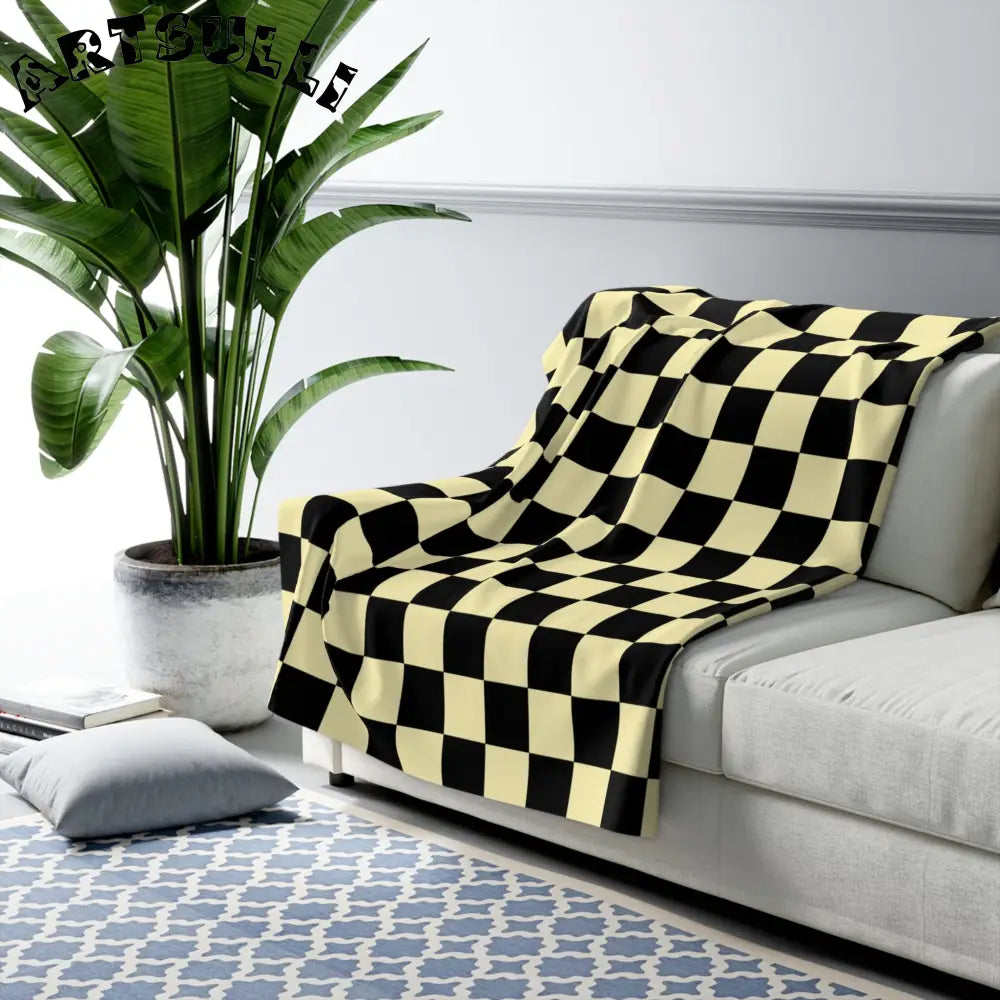 JAKKOUTTHEBXX Checkerboard Black and Yellow Sherpa Fleece Blanket