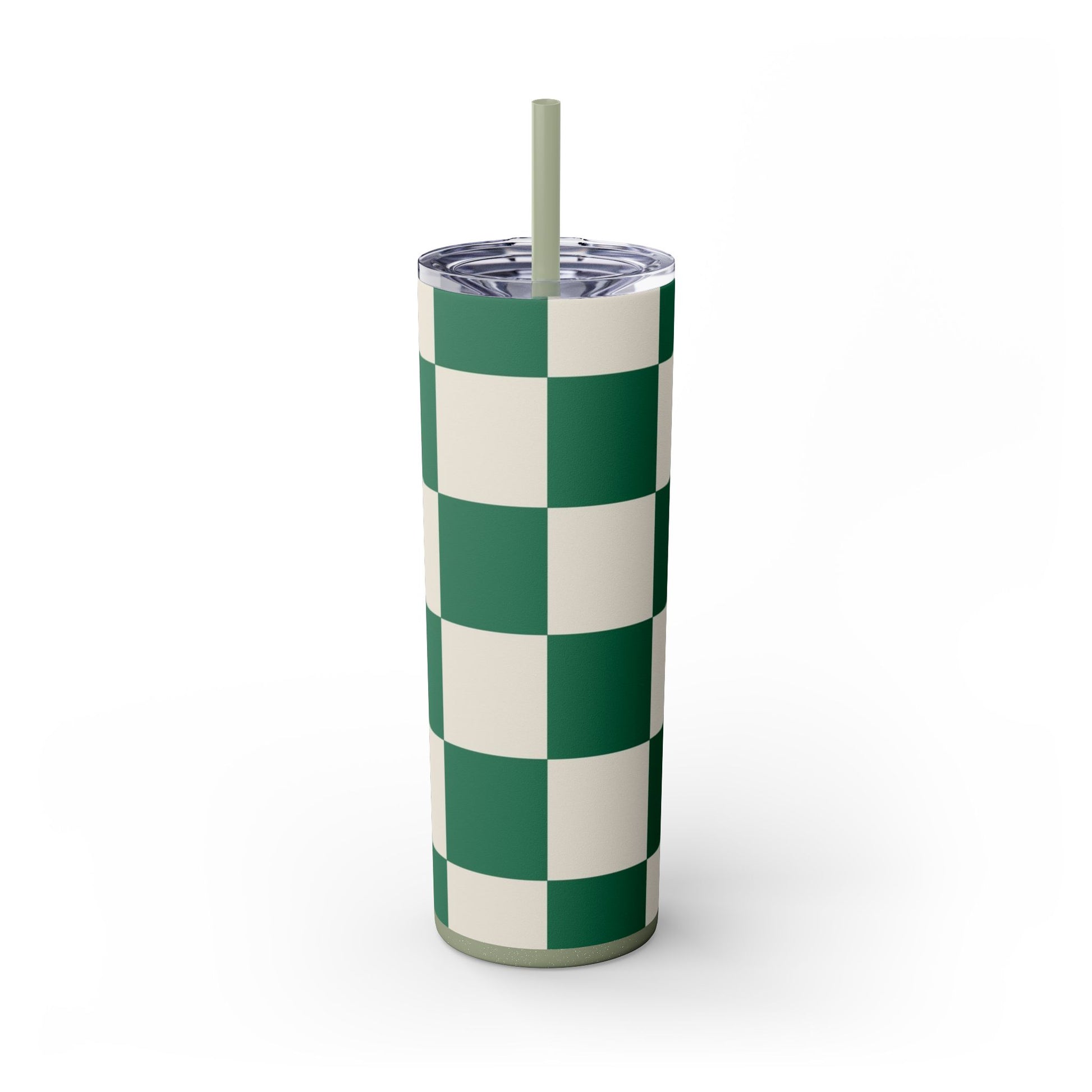 Checkerboard Dark Green Skinny Tumbler with Straw, 20oz, Artsulli - Art is Long, Life is Short, Mug, Finish, Glossy, Color, Glitter Seascape, Size, 20oz, 20011099167337125991