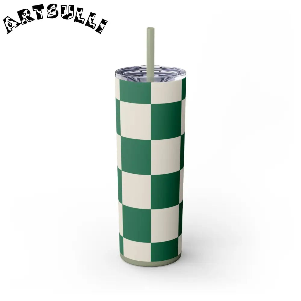 JAKKOUTTHEBXX Checkerboard Dark Green Skinny Tumbler with Straw 20oz